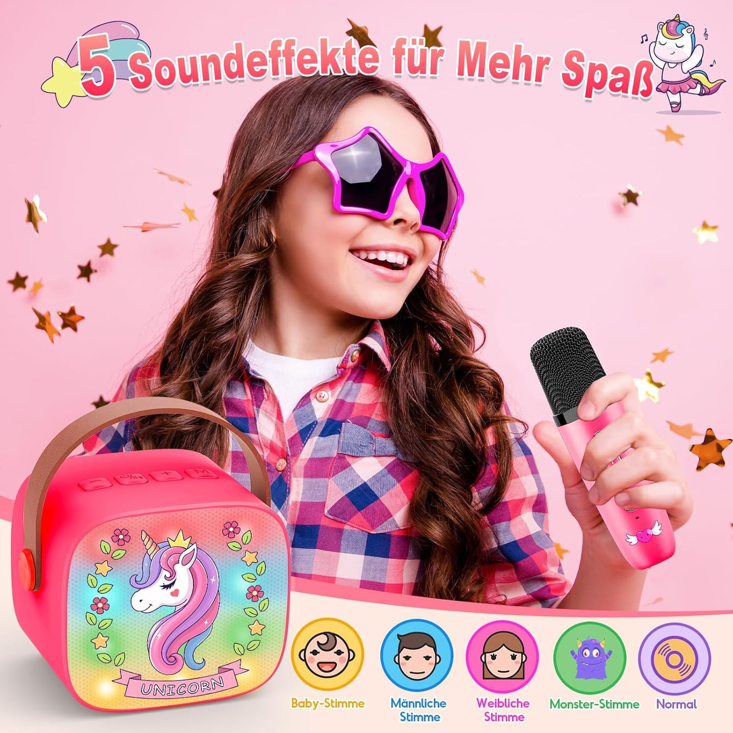 Karaoke Machine with 2 Bluetooth Microphones, Children's Unicorn Christmas Gifts Toy for Girls 3-12 Years, Portable Karaoke Microphone Set with DSP and LED Lights