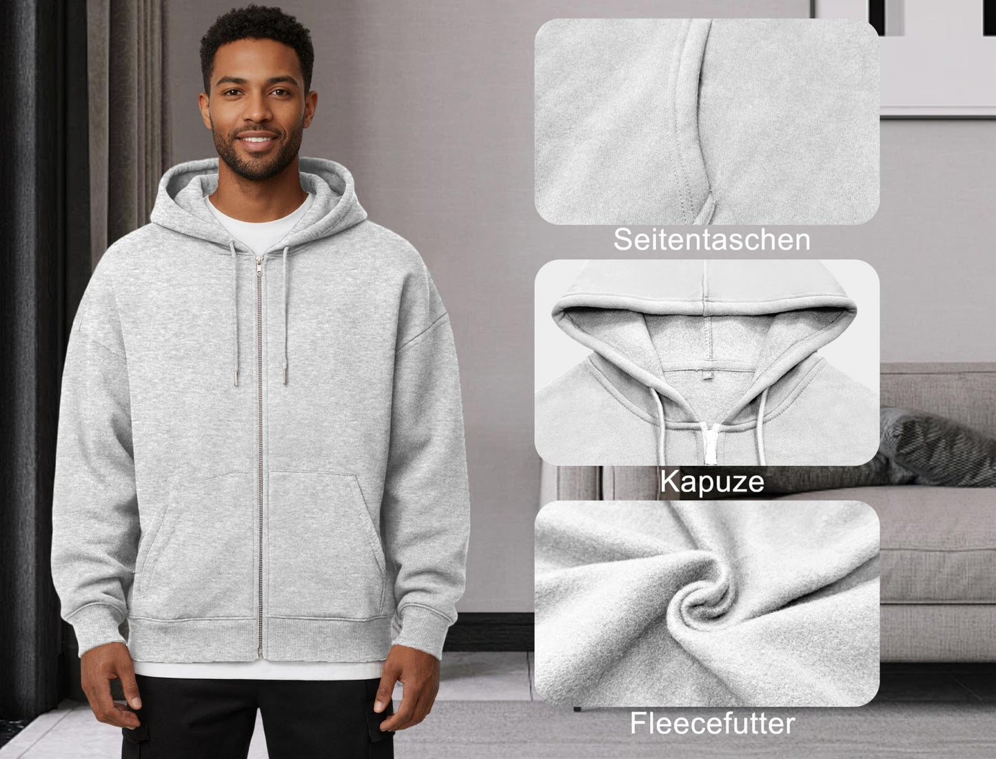 Oyamiki Hoodie Herren Langarm Kapuzenjacke Reißverschluss Sweatjacke Fleece Kapuzenpullover Lässige Kapuze Jacke Sweatshirt Pullover mit Taschen
