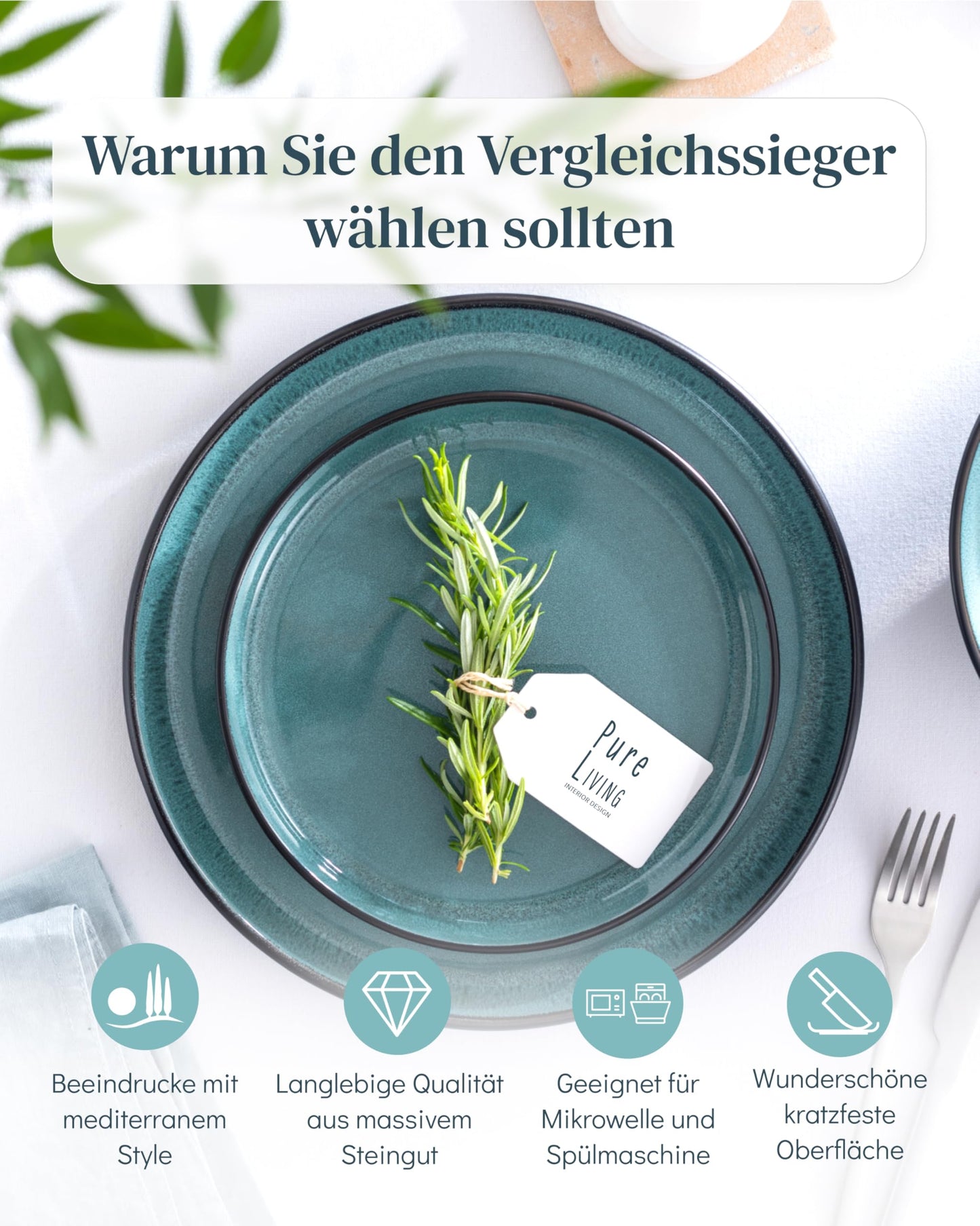 Steingut Frühstücksteller 6 Pers. Ibiza Hochwertiges Mediterranes TEST SEHR GUT Dessertteller Set - Kuchenteller spülmaschinen- und kratzfest - Kleine Teller, Salatteller Pure Living in Petrol