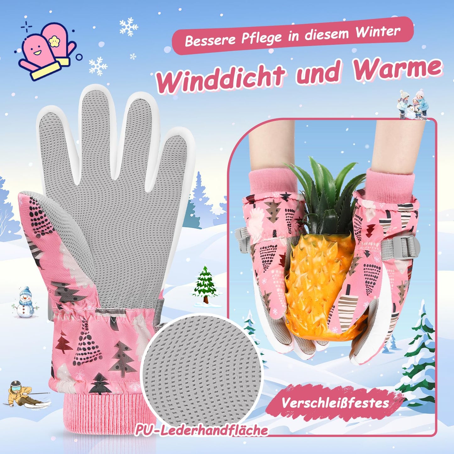WESTGIRL Children’s Winter Gloves, Windproof, Warm Ski Gloves, Thermal Fleece, Water-Repellent Cartoon Snow Gloves, Outdoor Gloves for Snowboarding, Cycling, for Boys and Girls Aged 3–12 Years
