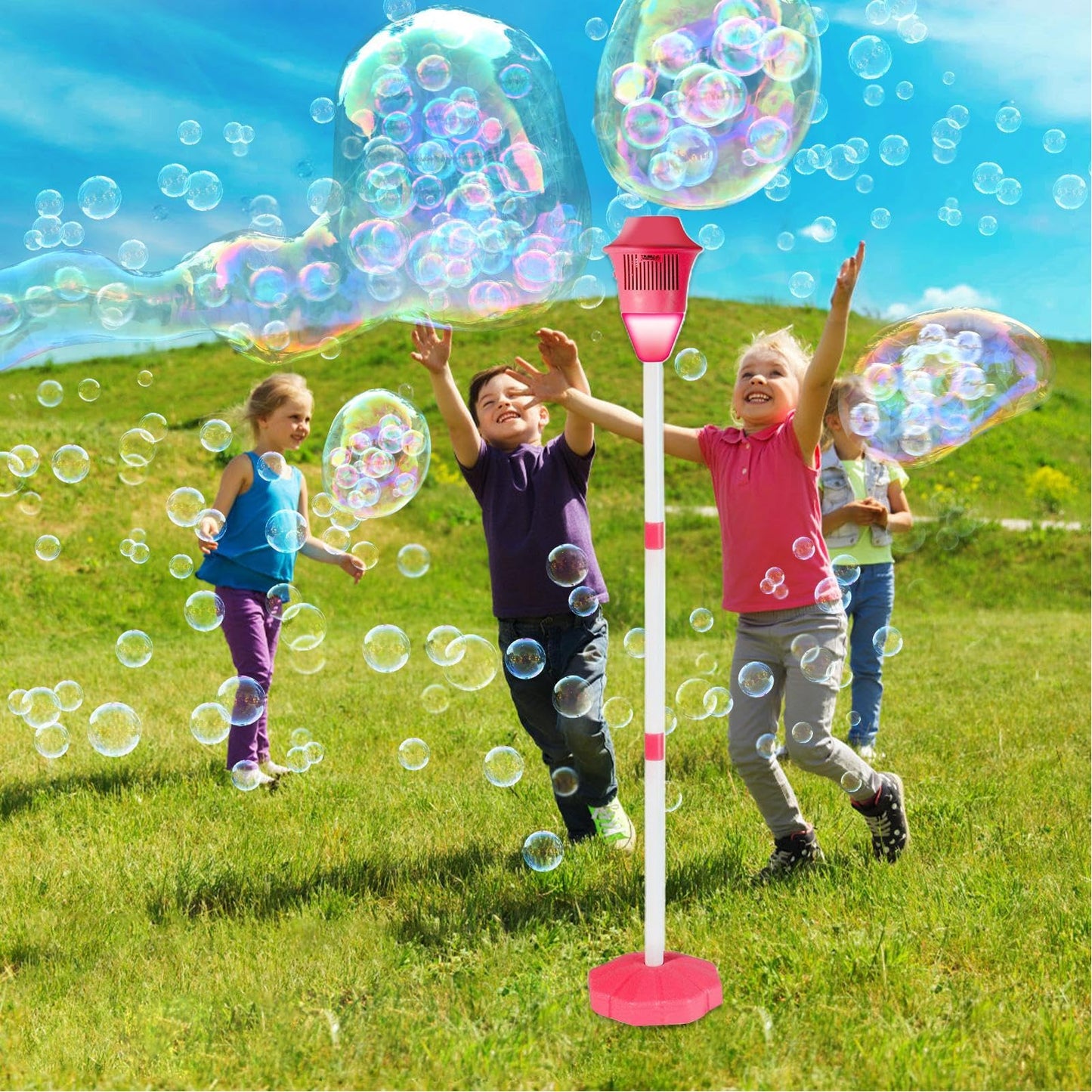 Bubble Maker Ständer, Automatischer Bubble Maker Standing Machine, Bubbles Torch Gartenlampe, Blasenbrennergartenlampe Für Freunde, Familie, Blau/rot, 118cm