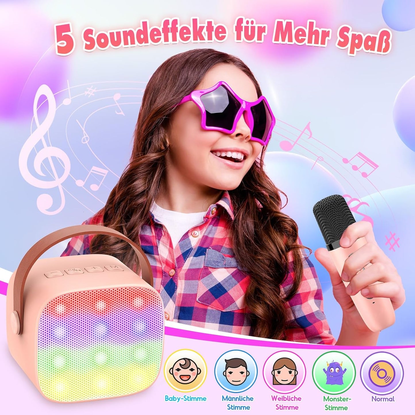 Karaoke Machine with 2 Bluetooth Microphones, Children's Unicorn Christmas Gifts Toy for Girls 3-12 Years, Portable Karaoke Microphone Set with DSP and LED Lights