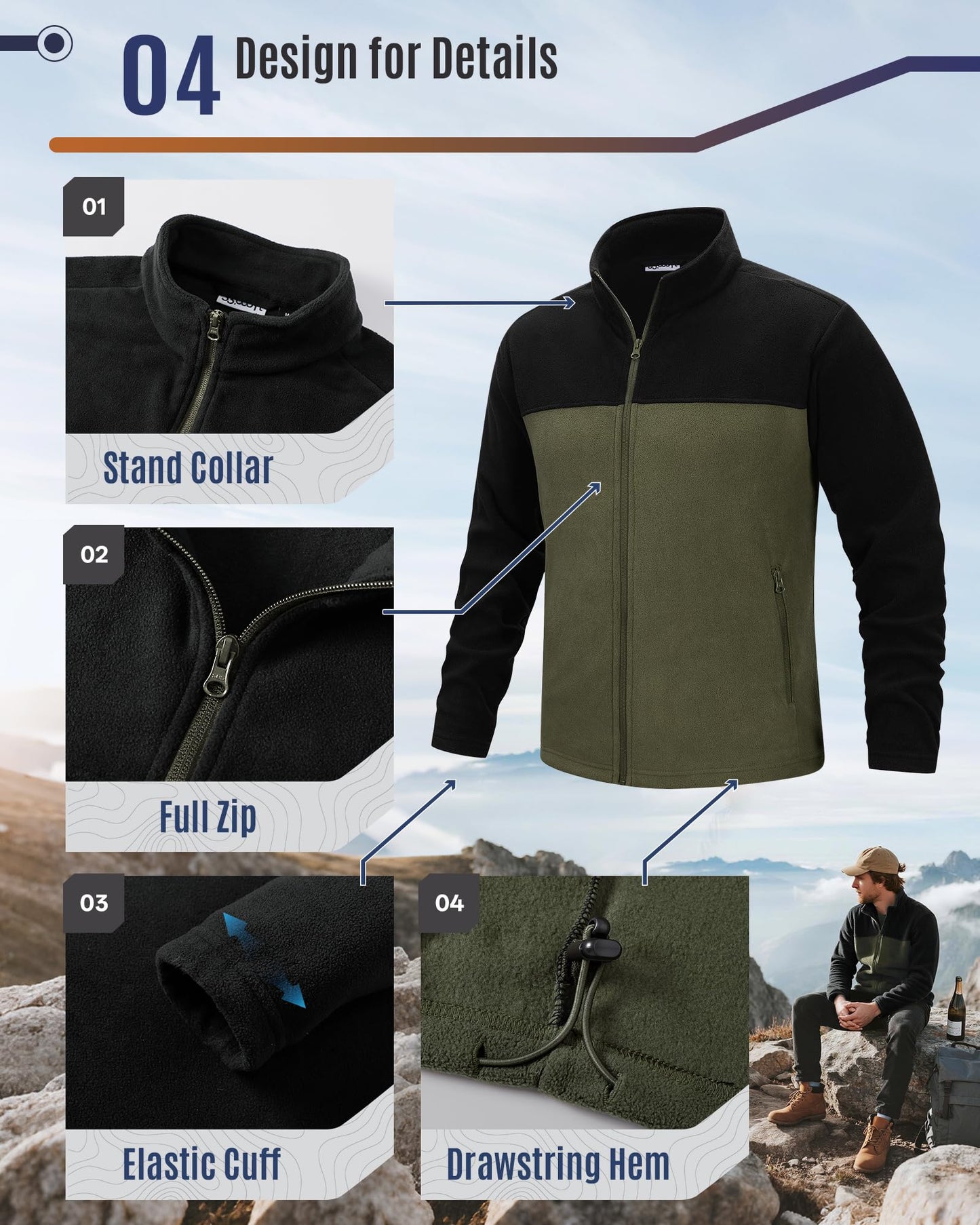 33,000ft Herren Fleecejacke Leicht Strickjacke Warm Übergangsjacke