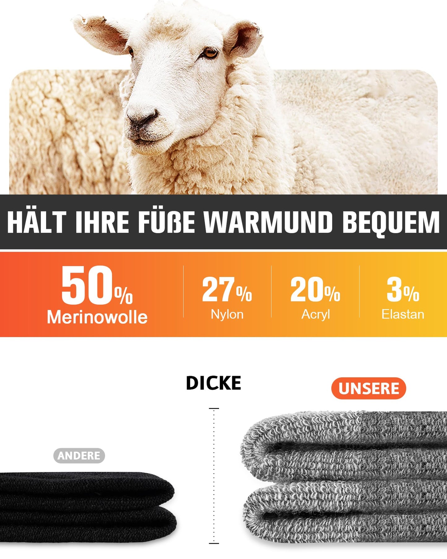 SockWaddles Merino Wandersocken Damen & Herren, 3 Paar, gepolstert