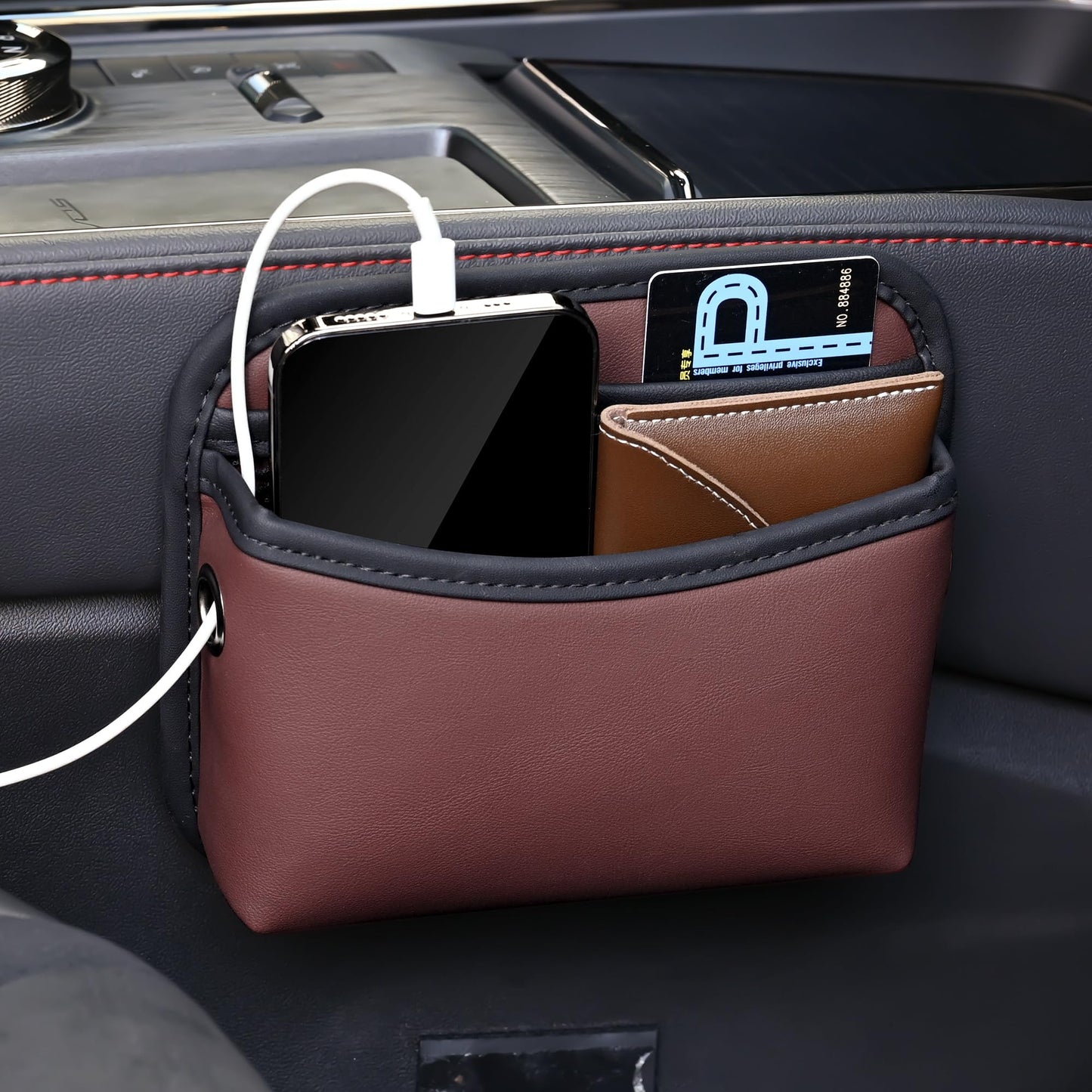 PU Leather Car Side Bag Organiser, Universal Car Bag Mobile Phone Holder for Car, Car Seat Gap Filler Storage Accessories Organiser for Car Door, Console (Black)