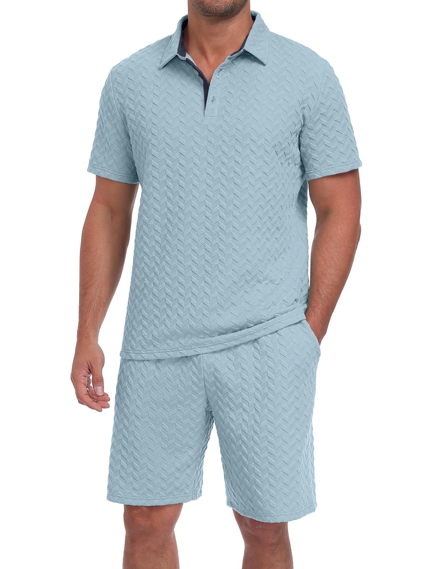 QIXING Herren Sommer Set 2 Teiler Polohemd und Shorts Set Herren Kurzarm Polo Shirt mit Strukturmuster Leichtes Freizeit Outfit für Urlaub Strand Reisen und Alltag