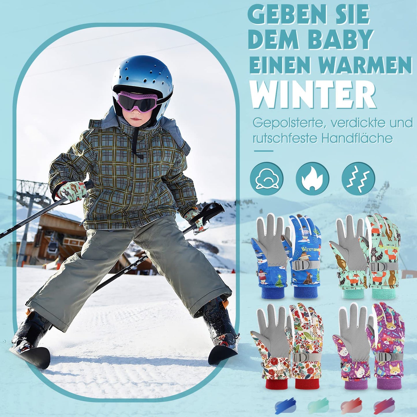 WESTGIRL Children’s Winter Gloves, Windproof, Warm Ski Gloves, Thermal Fleece, Water-Repellent Cartoon Snow Gloves, Outdoor Gloves for Snowboarding, Cycling, for Boys and Girls Aged 3–12 Years