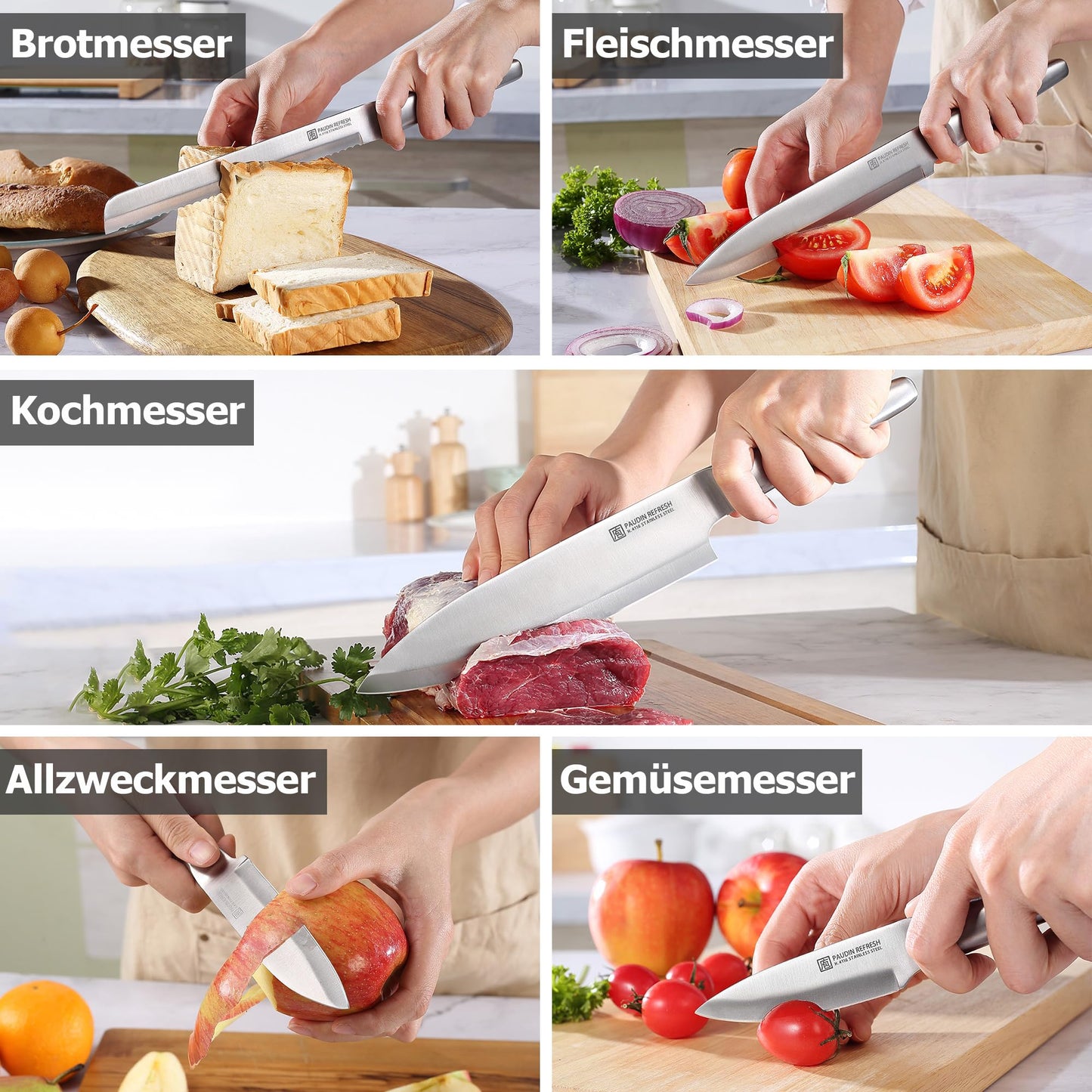 PAUDIN Messerblock, 14-teiliges Messer-Set für die Küche, scharf, hochwertiges deutsches Edelstahlmesser-Set mit Holzblock, Messerschäfer und Schere