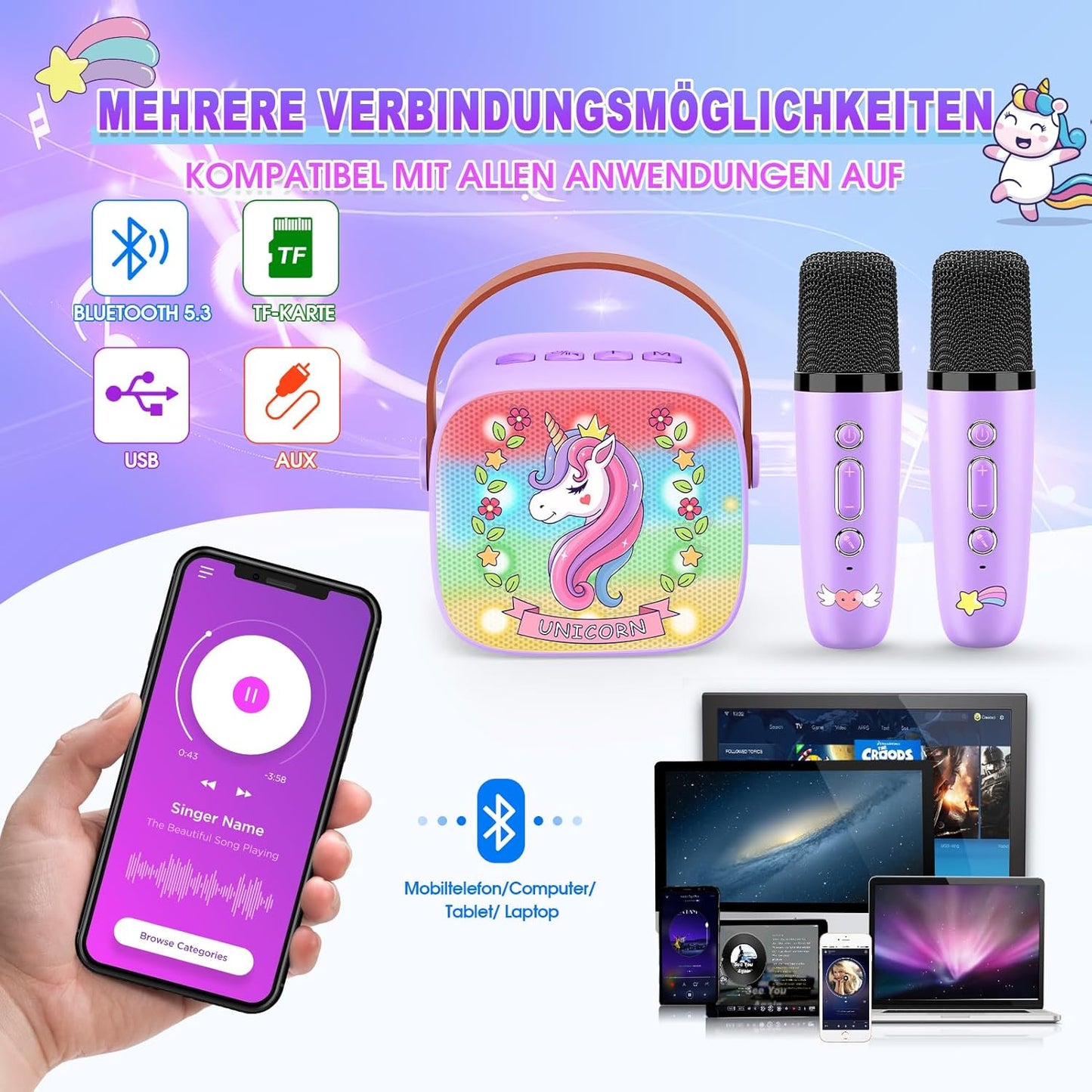 Karaoke Machine with 2 Bluetooth Microphones, Children's Unicorn Christmas Gifts Toy for Girls 3-12 Years, Portable Karaoke Microphone Set with DSP and LED Lights