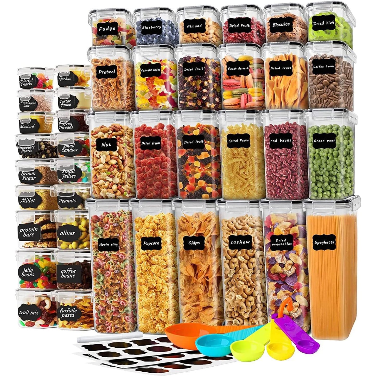 stusgo 24 Airtight Food Storage Containers with Lids Plastic Containers for Kitchen and Organization Cereal Flour and Sugar BPA Free Includes Spoon, Labels and a Pen
