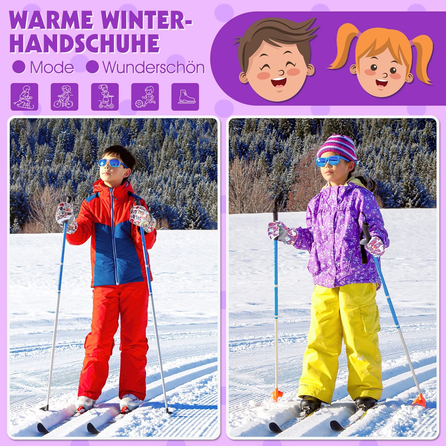 WESTGIRL Children’s Winter Gloves, Windproof, Warm Ski Gloves, Thermal Fleece, Water-Repellent Cartoon Snow Gloves, Outdoor Gloves for Snowboarding, Cycling, for Boys and Girls Aged 3–12 Years