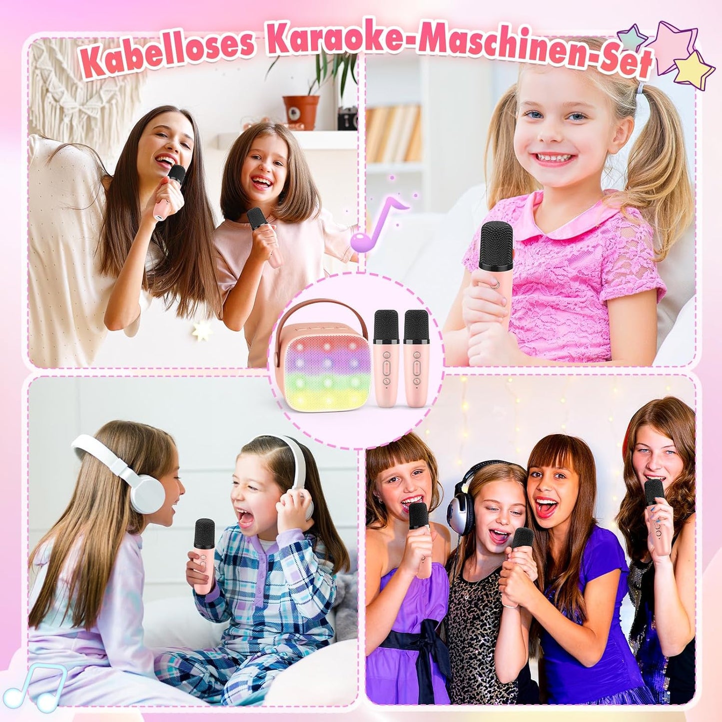 Karaoke Machine with 2 Bluetooth Microphones, Children's Unicorn Christmas Gifts Toy for Girls 3-12 Years, Portable Karaoke Microphone Set with DSP and LED Lights