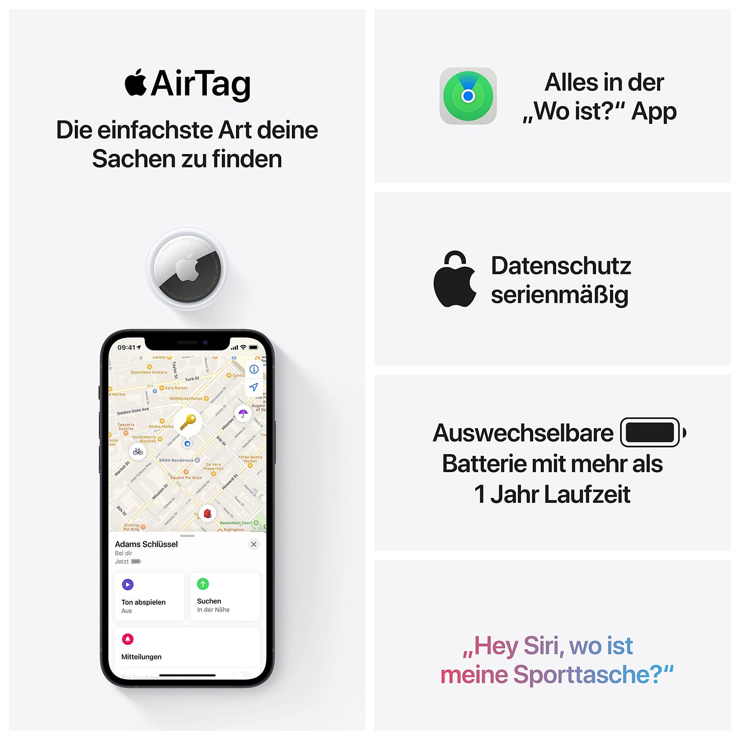 Apple AirTag 4er Pack - Finde und behalte Deine Sachen im Blick: Schlüssel, Geldbörsen, Gepäck, Rucksäcke und mehr. Einfaches Einrichten mit iPhone oder iPad. Austauschbare Batterie