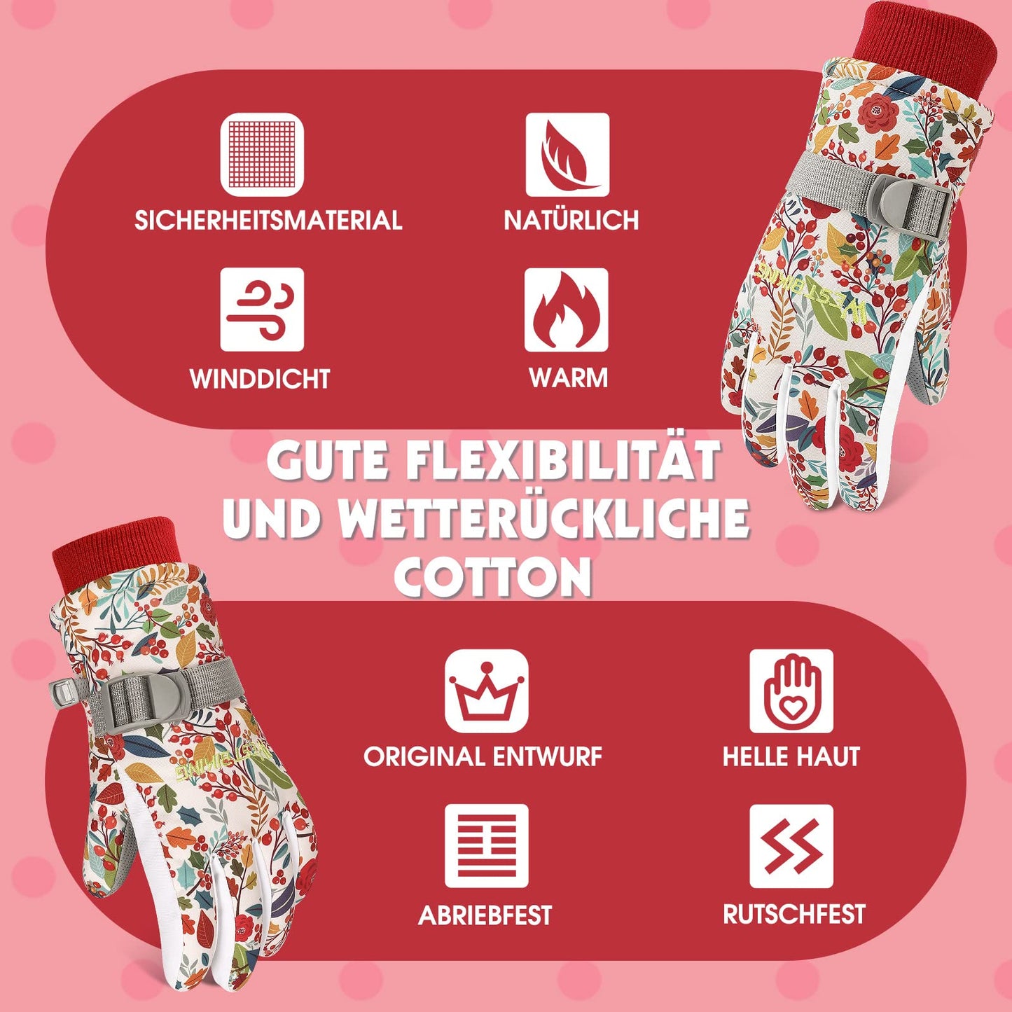 WESTGIRL Children’s Winter Gloves, Windproof, Warm Ski Gloves, Thermal Fleece, Water-Repellent Cartoon Snow Gloves, Outdoor Gloves for Snowboarding, Cycling, for Boys and Girls Aged 3–12 Years