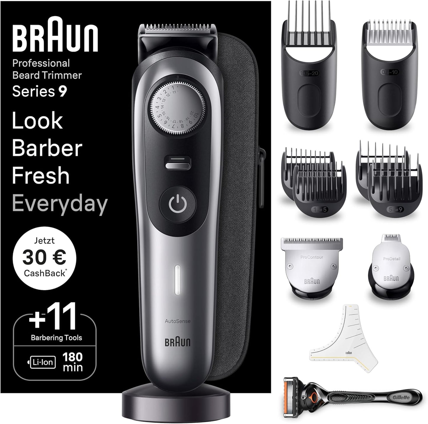 Braun Barttrimmer, Bartschneider/Trimmer/Haarschneider Herren, Haarschneidemaschine Profi, 40 Einstellungen, Ladestation, Reiseetui, Bartschablone, 180 Min. kabellose Laufzeit, BT9440