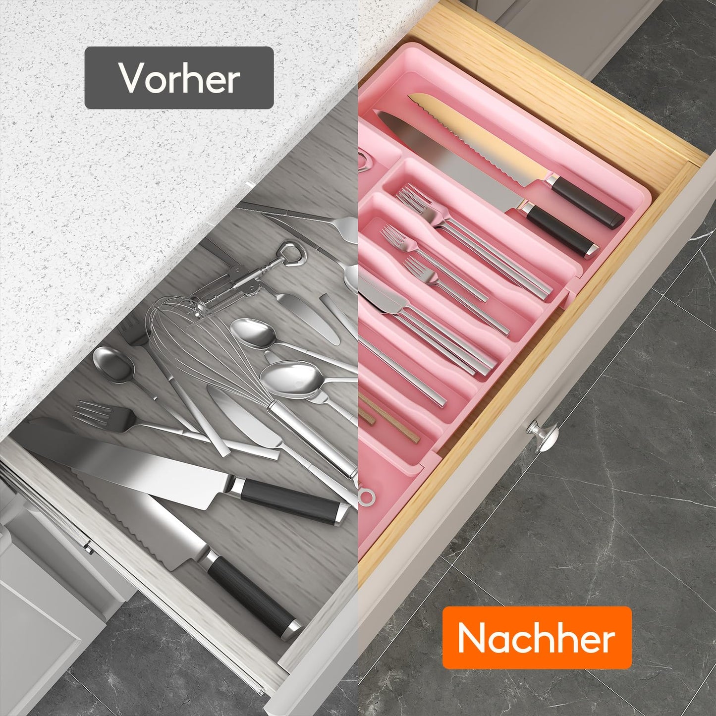 Lifewit Besteckkasten für Schubladen,verstellbarer Besteckhalter Utensilienhalter für Küchenschubladen, Schubladeneinsatz Besteckeinsatz für Küche Organizer aus Kunststoff für Löffel,Gabeln, Schwarz