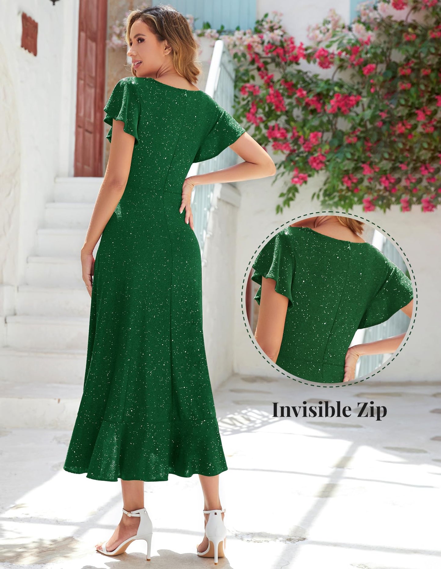 Berylove Damen Abendkleid Lang Glitzer Ballkleid mit Rüschen Saum Kleid Festliche Kleider für Hochzeit Partykleid