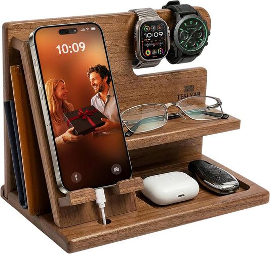 TESLYAR Holz Telefon Dockingstation für Männer – Schreibtisch oder Nachttisch-Organizer Geburtstagsgeschenke für Männer Väter Vatertagsgeschenk für Papa Jubiläumsidee Einschulung Geschenk Lehrerin