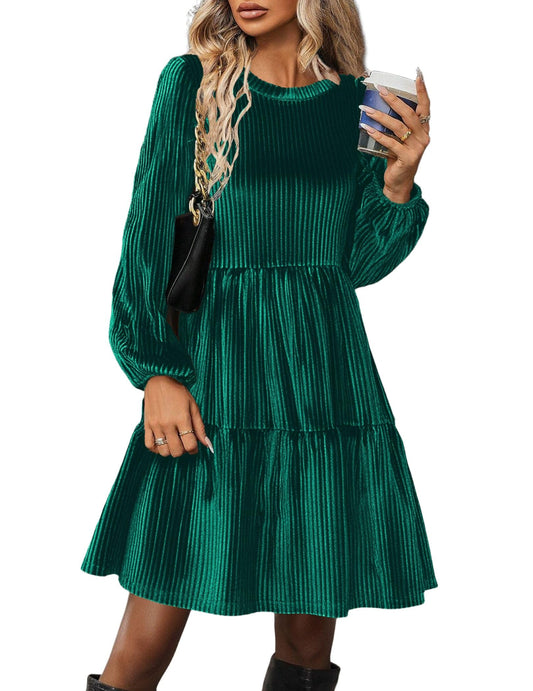 Zeagoo Damen Kleider Langarm Elegant Samtkleid Rundhals Rüschen A Linie Hohe Taille Freizeitkleider Winterkleid mit Taschen