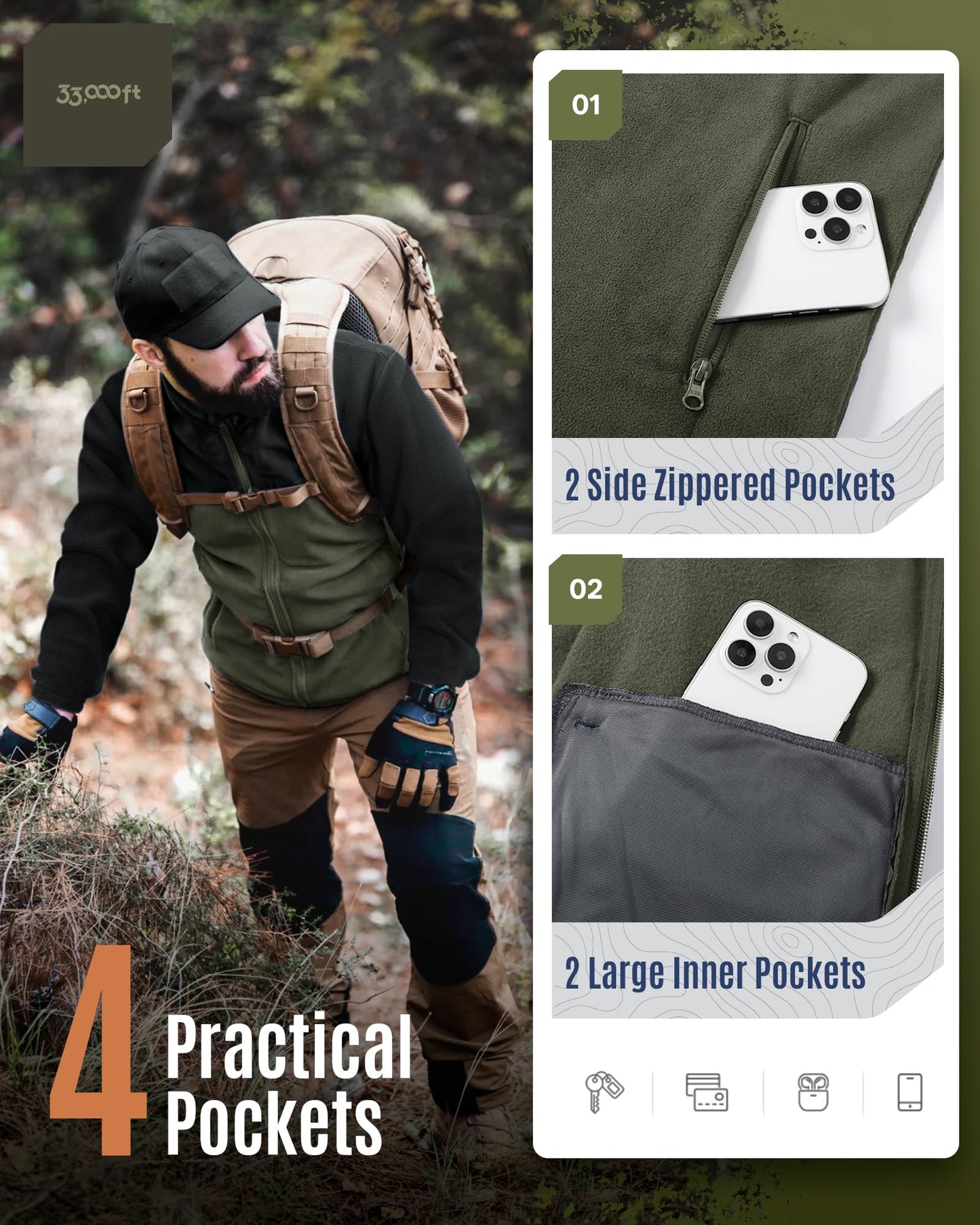 33,000ft Herren Fleecejacke Leicht Strickjacke Warm Übergangsjacke