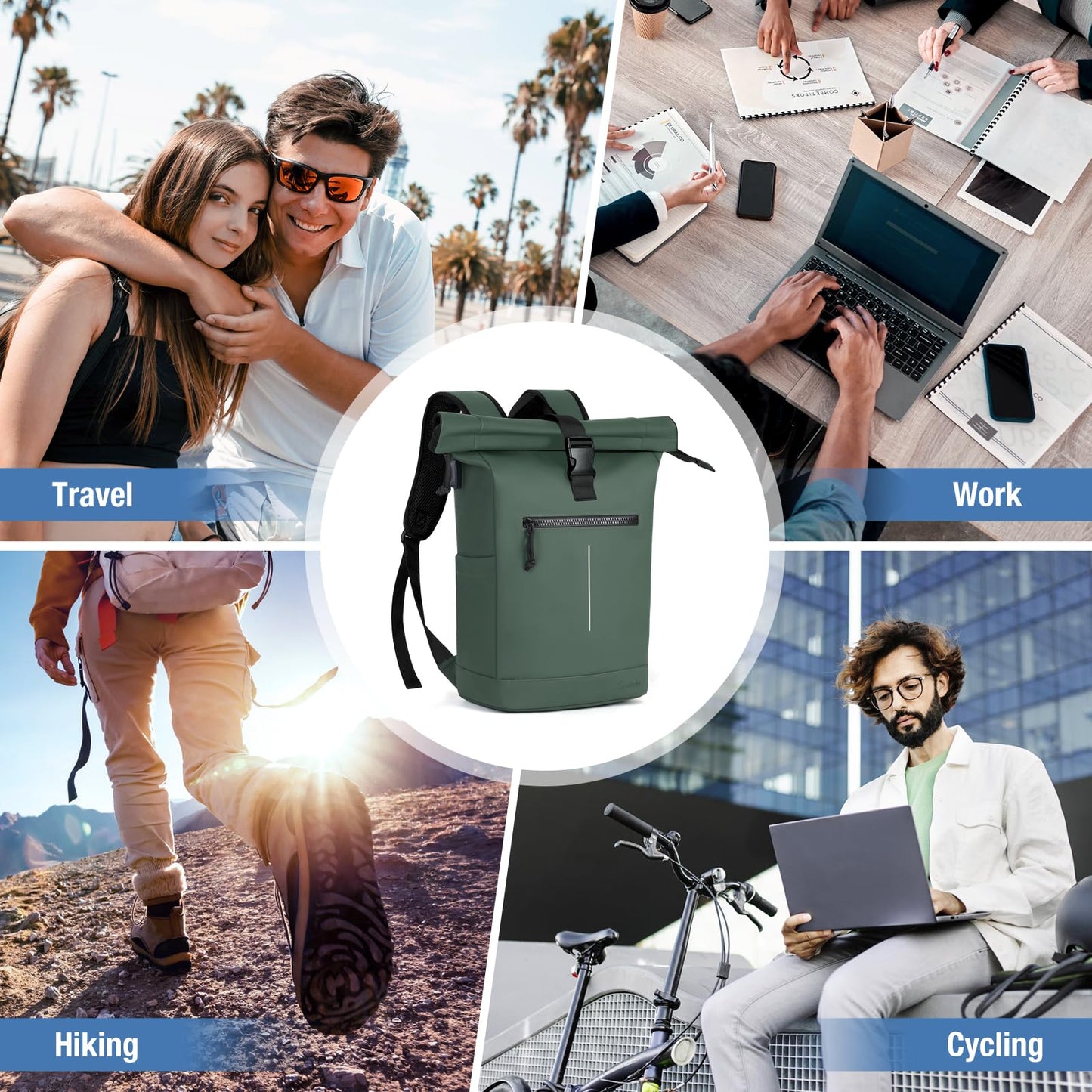 Lekeinchi Rolltop Rucksack Wasserdicht für Damen & Herren, Großer Laptop Rucksack mit Computerfach für 17 Zoll Laptop, Elegant Reiserucksack Daypack für Reisen, Radfahren, Uni Schule, Arbeit-Blau