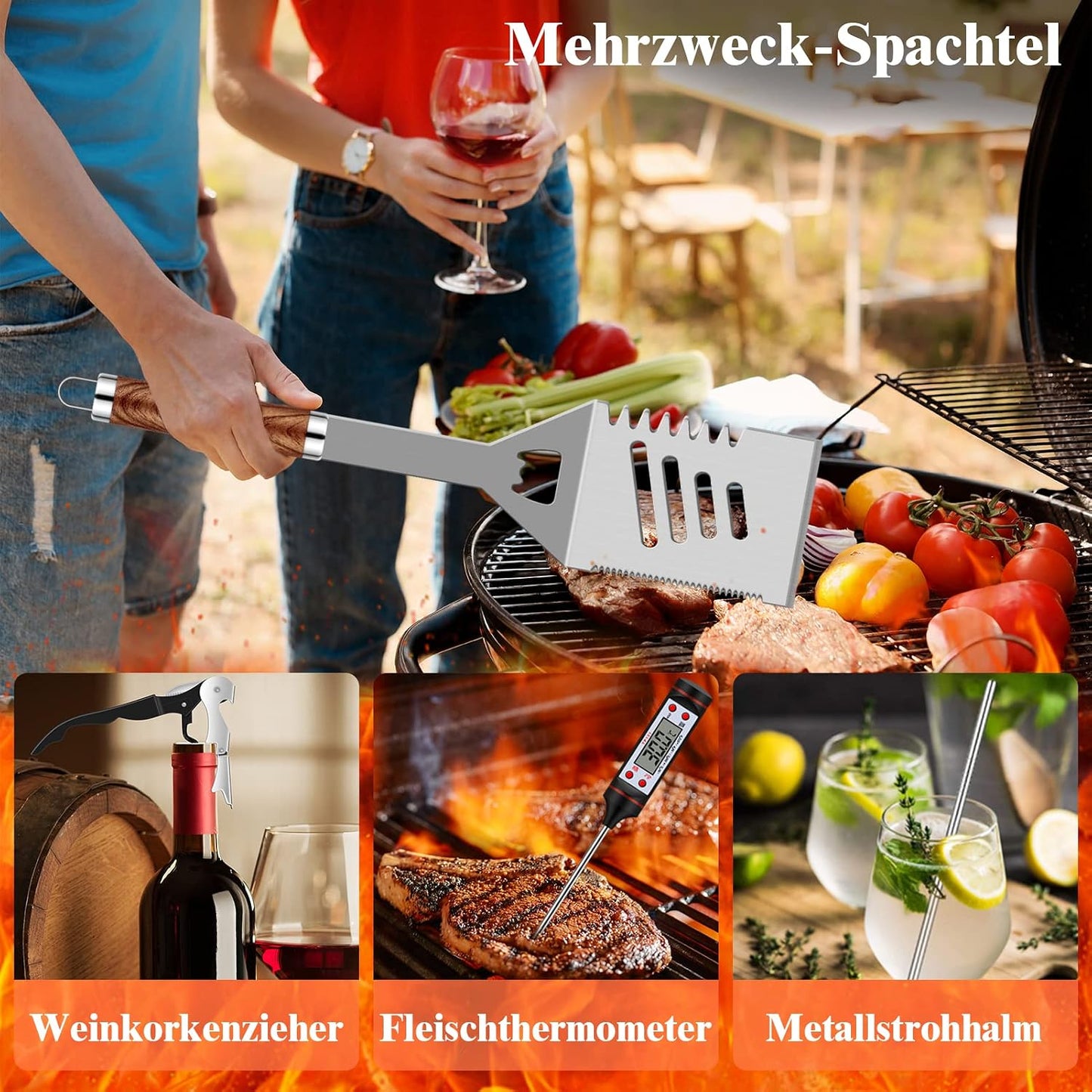 Grilliance 38 Stücke BBQ Grillbesteck Set Edelstahl Grillzubehör für Männer Geschenk Geburtstag Hochwertiger Grillutensilien Set Koffer mit Grillkoffer und Grillmatte für Garten und Camping Braun