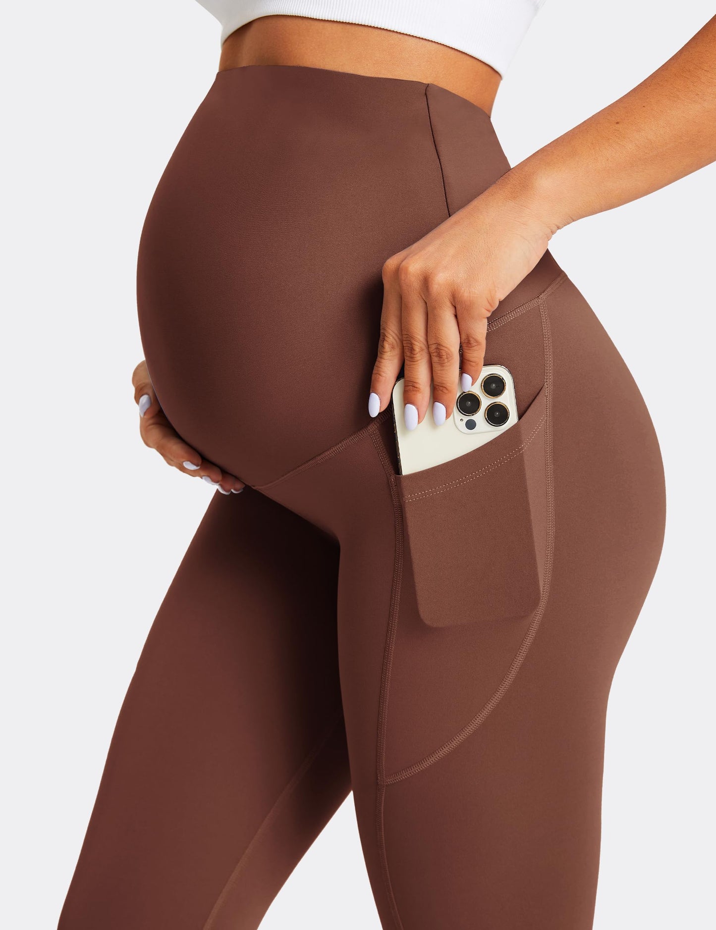 BAYDI Damen Umstandsleggings mit Taschen Blickdichte Lange Schwangerschaftsleggings High Waist Umstandshose Damen Weich elastisch Schwangerschaftshose