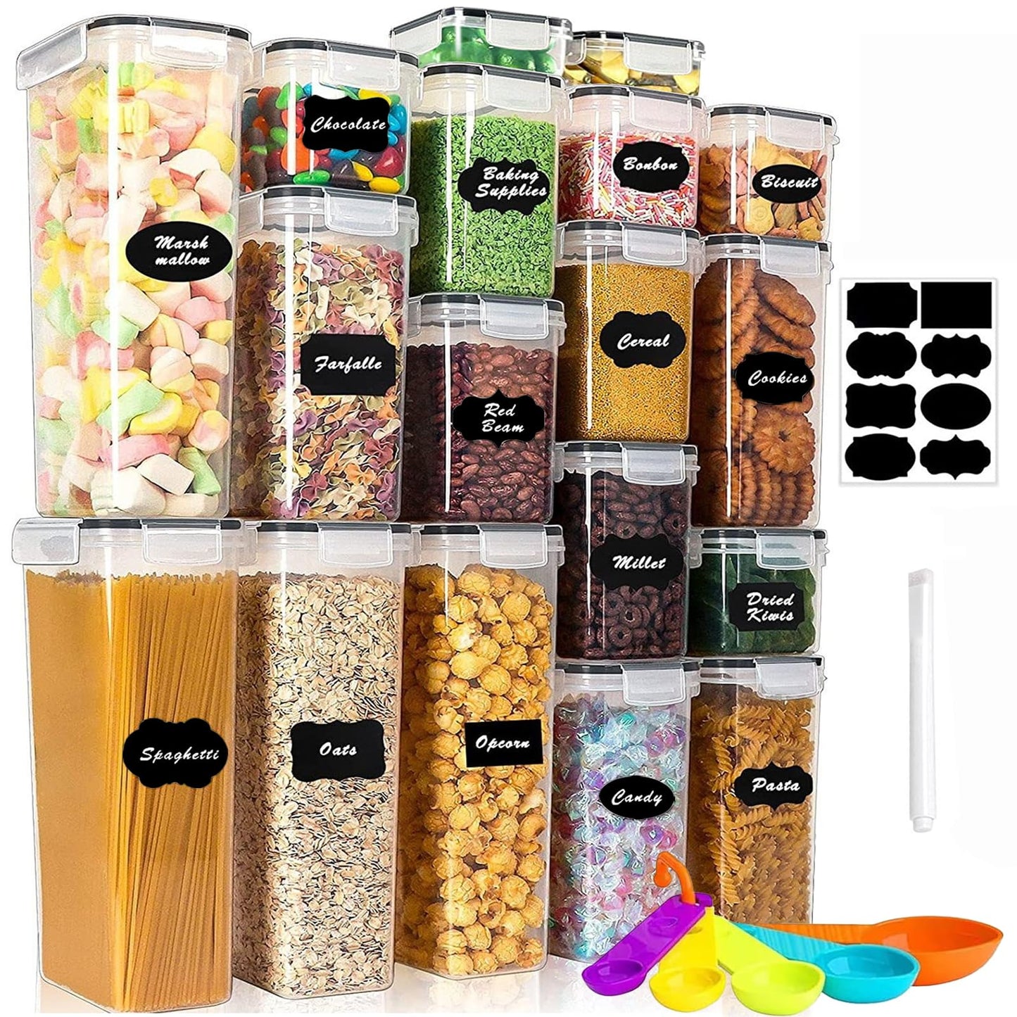 stusgo 24 Airtight Food Storage Containers with Lids Plastic Containers for Kitchen and Organization Cereal Flour and Sugar BPA Free Includes Spoon, Labels and a Pen