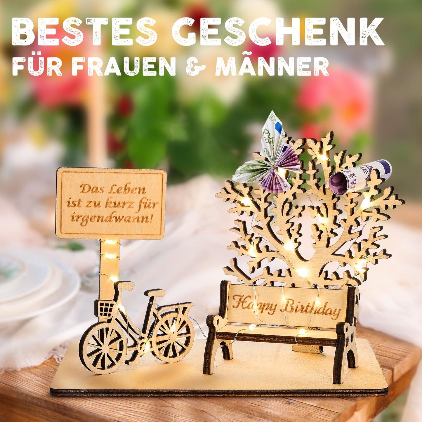 I LOVE MOM Geldgeschenk Geburtstag Holz, Fahrrad Geschenk, DIY Holz Schild Gästebuch Dreidimensionale Bäume Sitzbank Deko Zahlen für Geschenke, Hochzeiten, Partys, Geburtstage, Jubiläum (GYY-60)