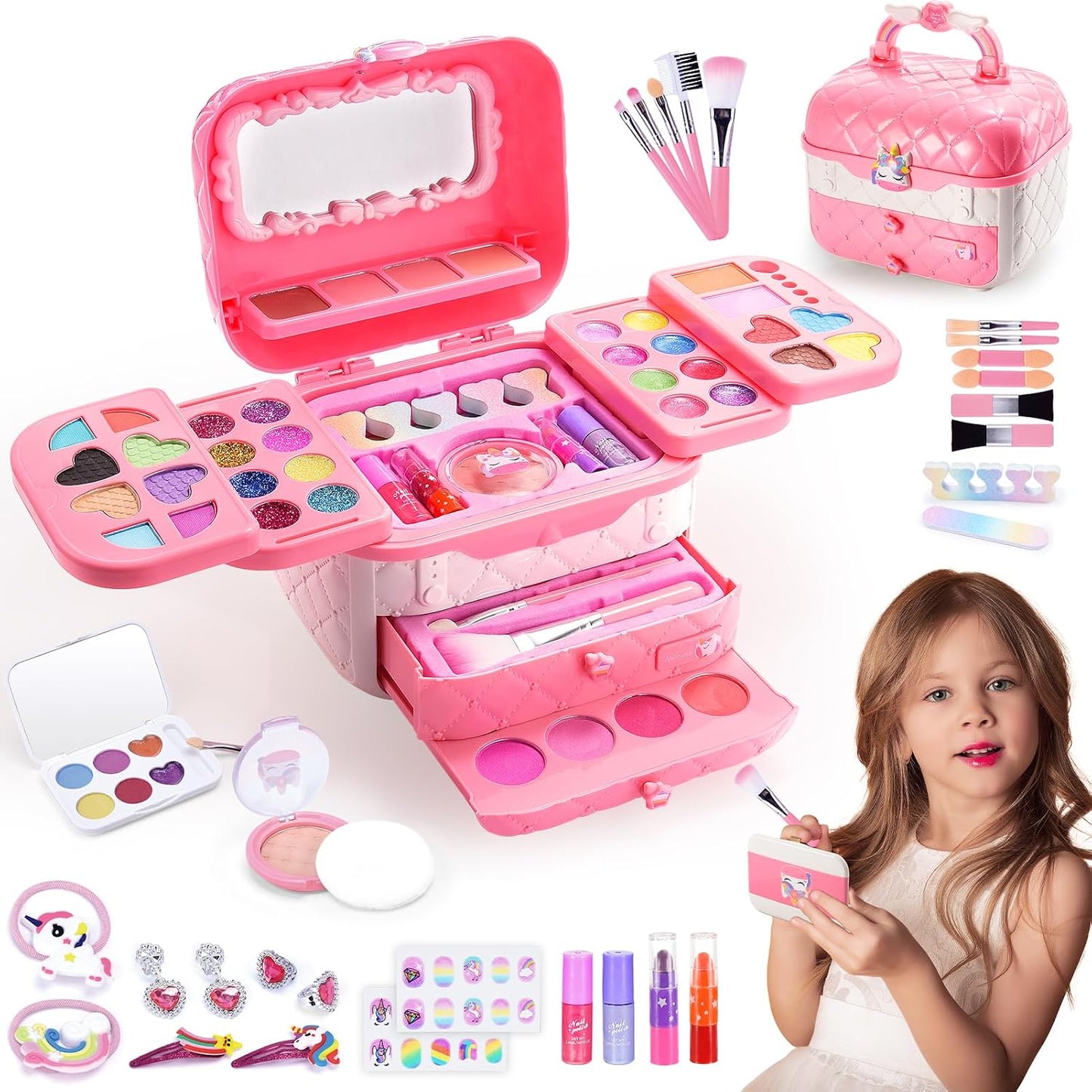 Hapikids Kinderschminke Geschenke Mädchen 3-10 Jahre,Schminke Kinder Spielzeug ab 3 -8 Jahre Kinderschminke Set Geburtstagsgeschenk für Mädchen Schminkkoffer Geschenke