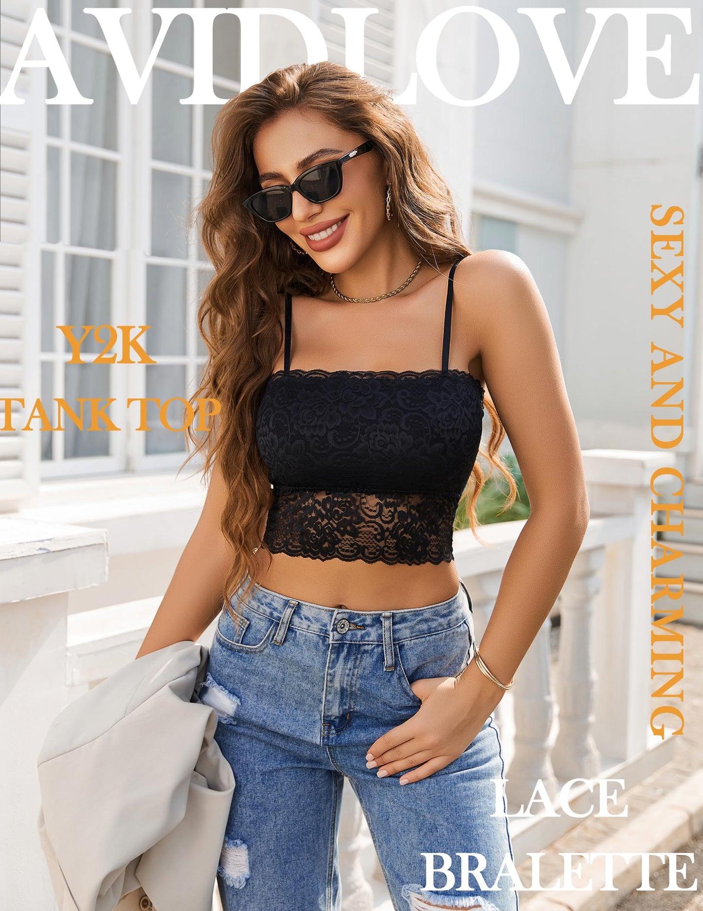 Avidlove Damen Tank Top Mesh Crop Tops Sexy Spitze Camisole Transparent Tanktops Ärmellos Sommer Oberteile Spaghettiträger Trägertop Bustier Unterhemd