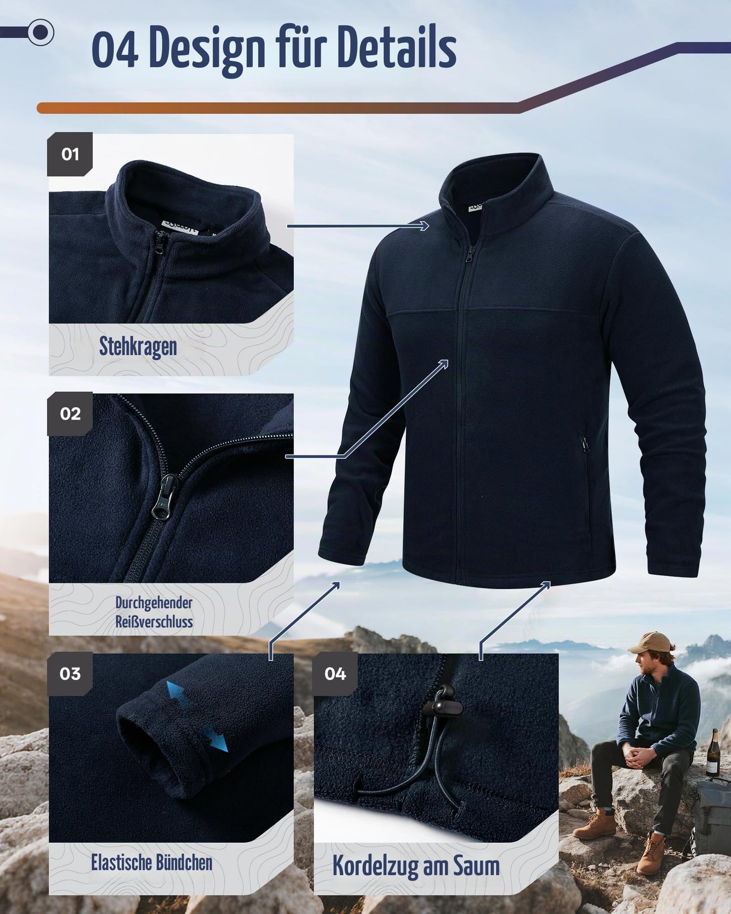 33,000ft Herren Fleecejacke Leicht Strickjacke Warm Übergangsjacke