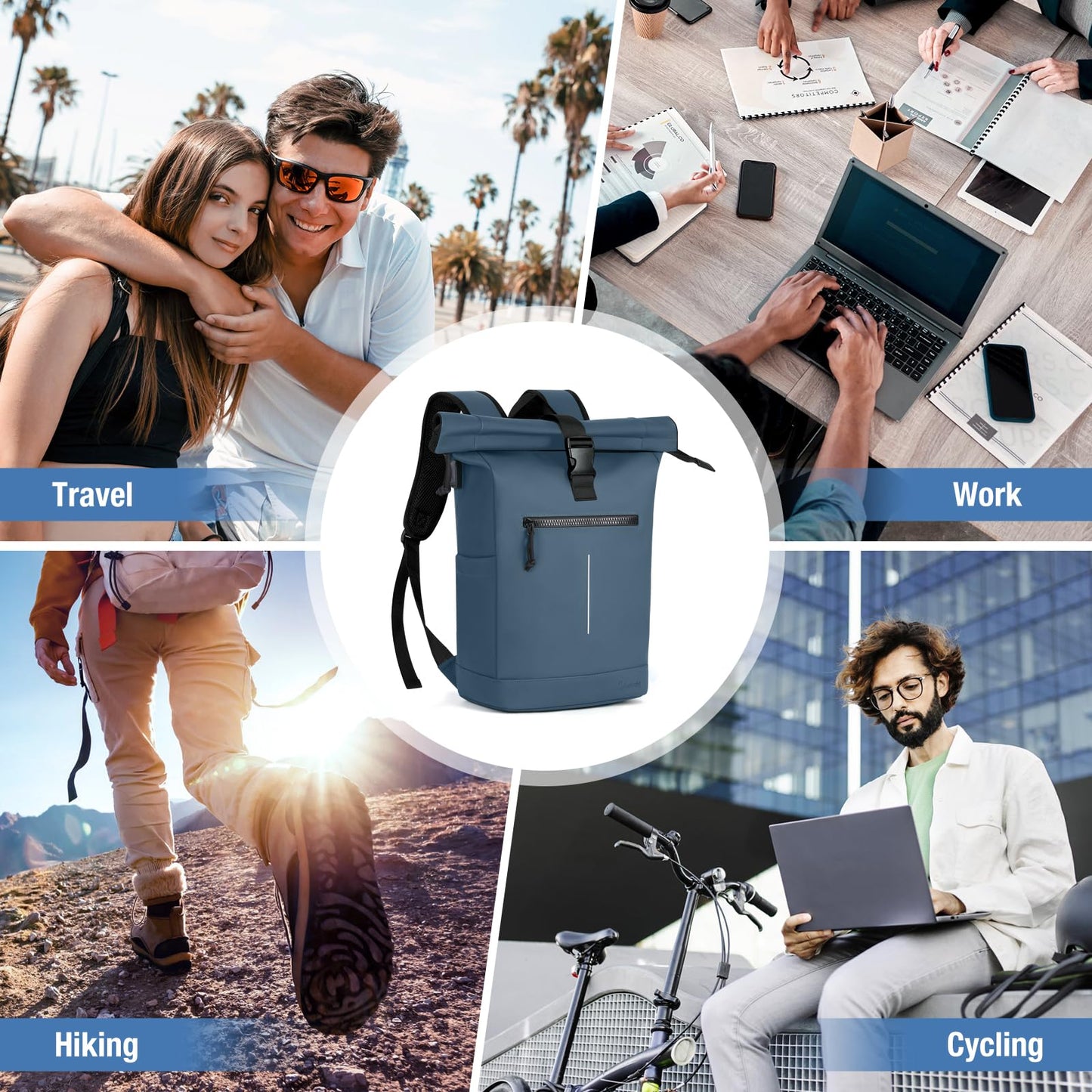Lekeinchi Rolltop Rucksack Wasserdicht für Damen & Herren, Großer Laptop Rucksack mit Computerfach für 17 Zoll Laptop, Elegant Reiserucksack Daypack für Reisen, Radfahren, Uni Schule, Arbeit-Blau