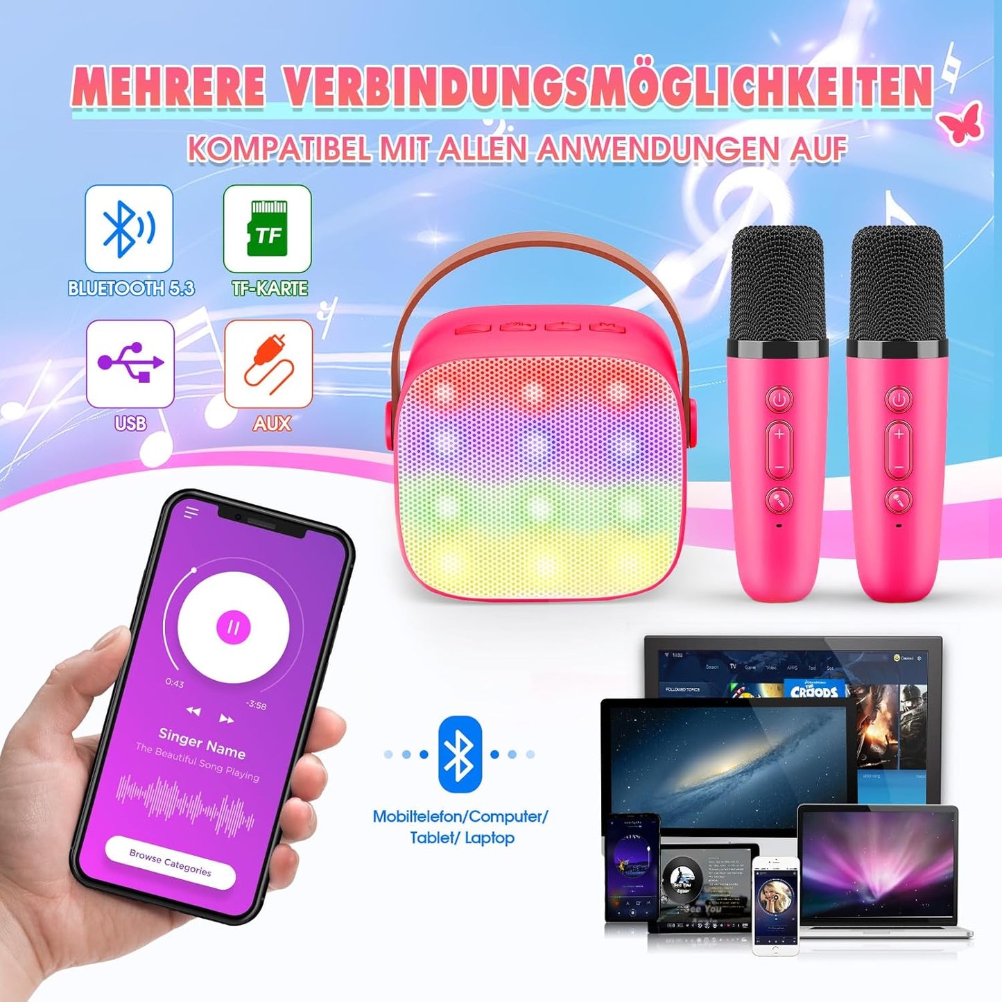 Karaoke Machine with 2 Bluetooth Microphones, Children's Unicorn Christmas Gifts Toy for Girls 3-12 Years, Portable Karaoke Microphone Set with DSP and LED Lights