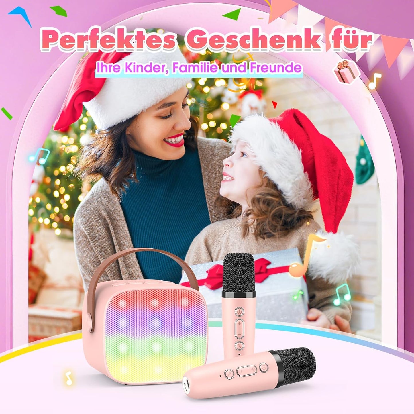 Karaoke Machine with 2 Bluetooth Microphones, Children's Unicorn Christmas Gifts Toy for Girls 3-12 Years, Portable Karaoke Microphone Set with DSP and LED Lights