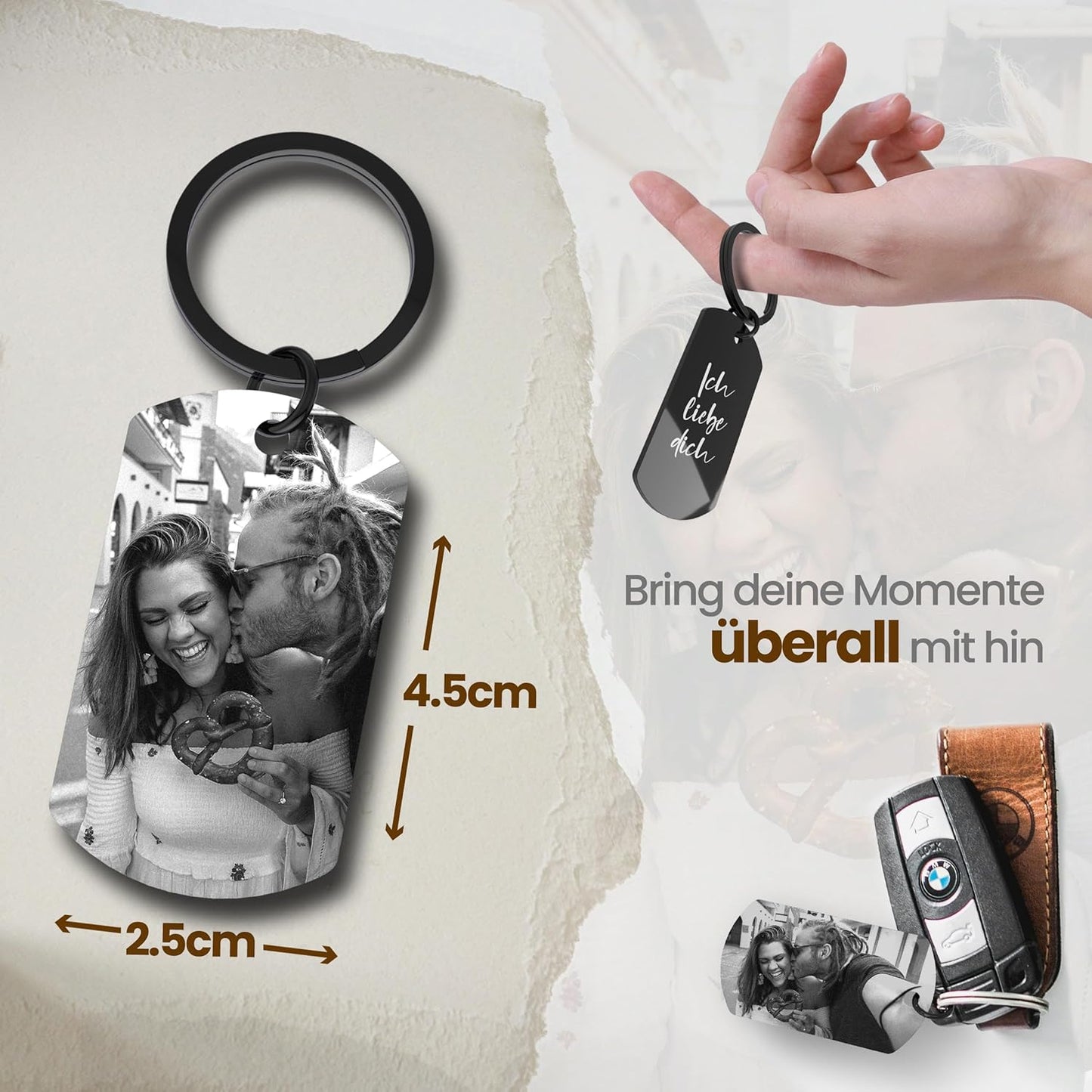 Meinearmbänder Personalisierter Schlüsselanhänger mit Bild & Gravur | Personalisierte Geschenke | Edelstahl | Schwarz Weiss Bild | Fotogravur | Geschenk Freund&Freundin