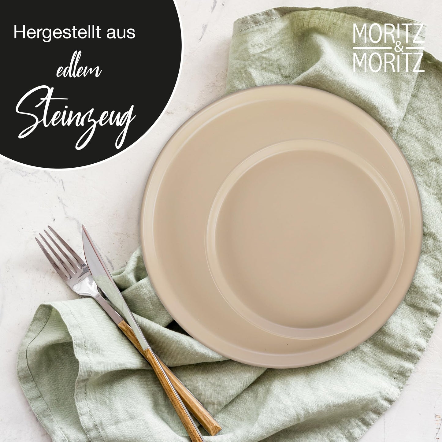 Moritz & Moritz NORDIC Geschirrset 6 Personen 18-teilig Taupe - Elegantes Teller Set aus hochwertigem Steinzeug - Geschirr Set aus 6x Dinnerteller, 6x Dessertteller, 6x Suppenteller