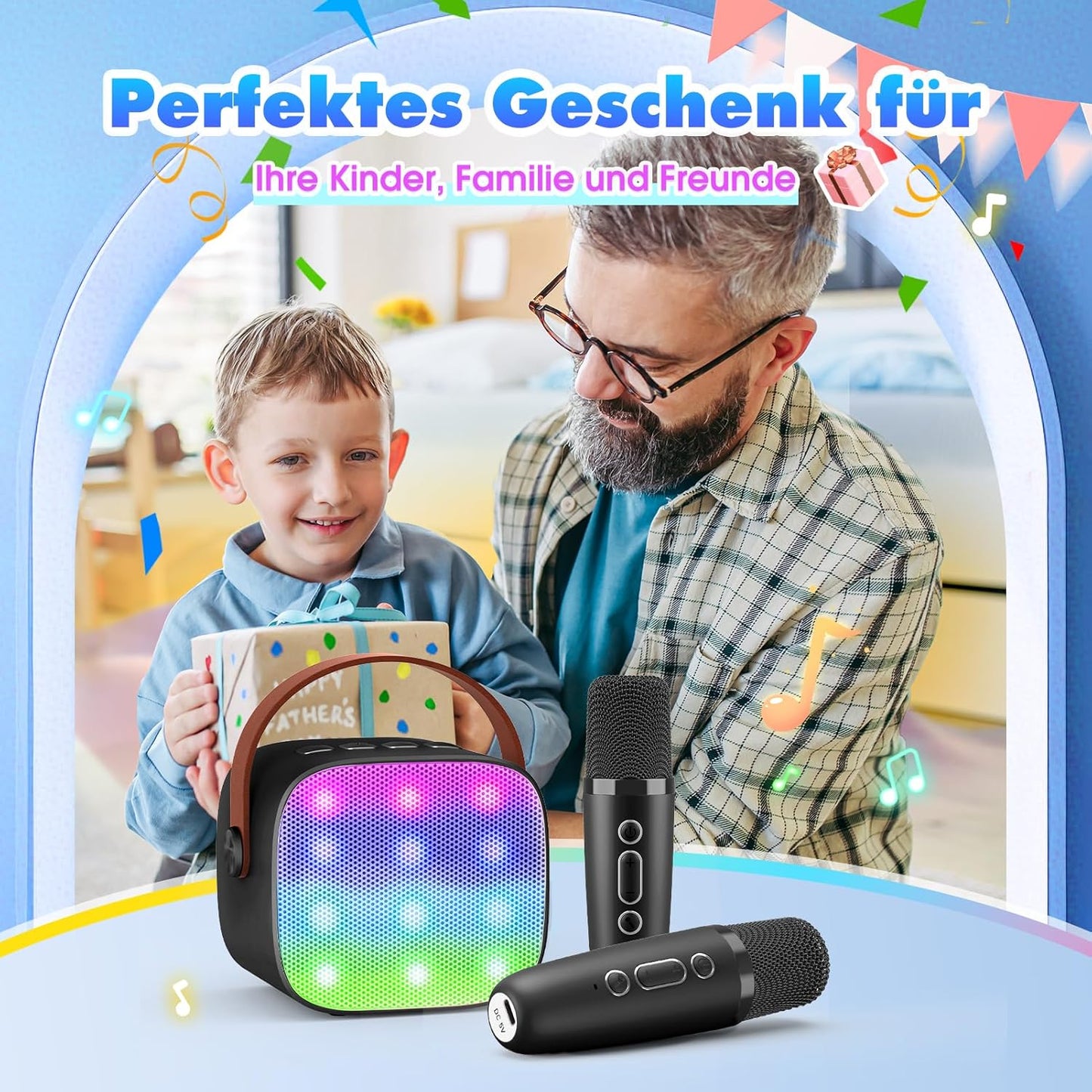 Karaoke Machine with 2 Bluetooth Microphones, Children's Unicorn Christmas Gifts Toy for Girls 3-12 Years, Portable Karaoke Microphone Set with DSP and LED Lights