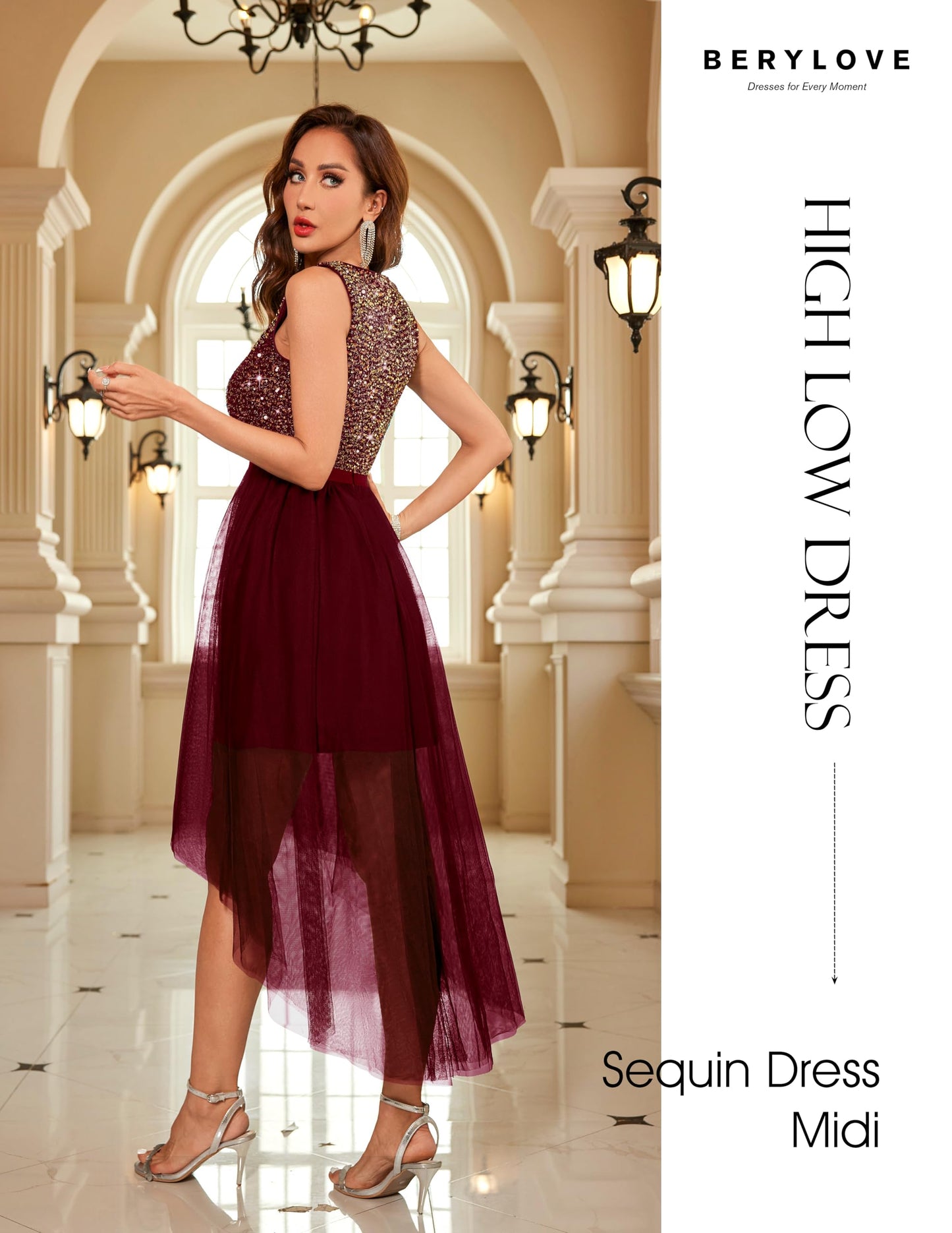 Berylove Kleid Festlich Damen Abendkleid mit Pailletten Cocktailkleid Ballkleid Lang Glitzer V Ausschnitt Ärmellos Tüllkleid