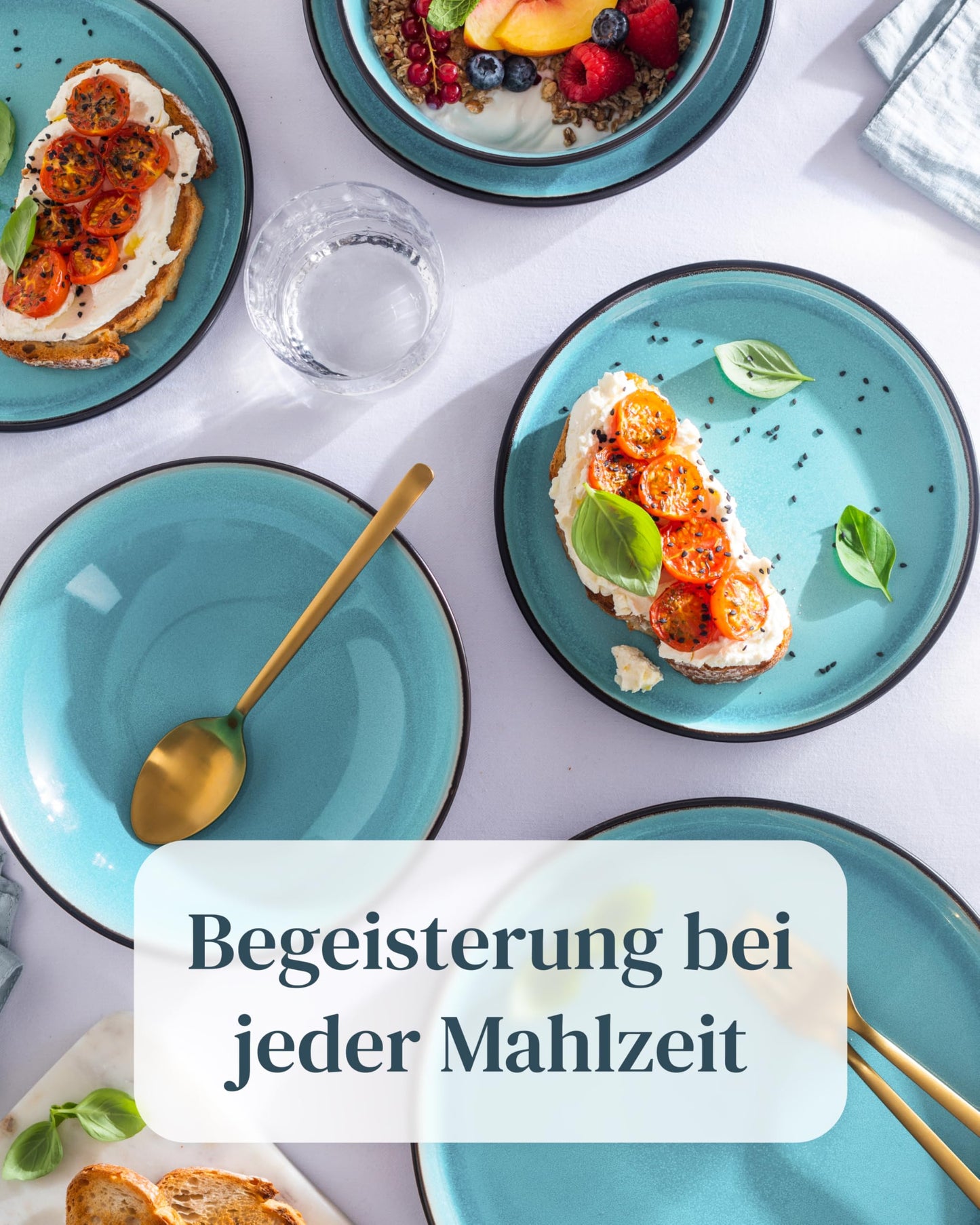 Steingut Frühstücksteller 6 Pers. Ibiza Hochwertiges Mediterranes TEST SEHR GUT Dessertteller Set - Kuchenteller spülmaschinen- und kratzfest - Kleine Teller, Salatteller Pure Living in Petrol