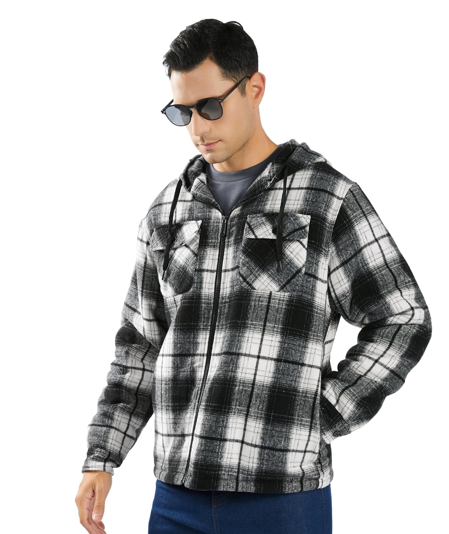 zitysport Hemdjacke Herren Hemd Sherpa Fleece Kariert Gefüttert Kapuzenpullover Fleecefutter Mantel Winter Jacke mit Taschen Flanellhemd Kariertes Männer Sweatjacke mit Kapuze
