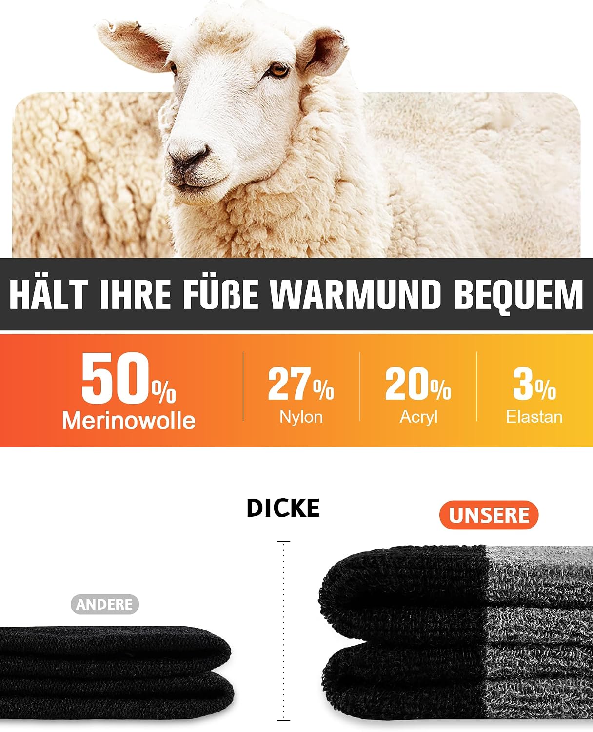 SockWaddles Merino Wandersocken Damen & Herren, 3 Paar, gepolstert