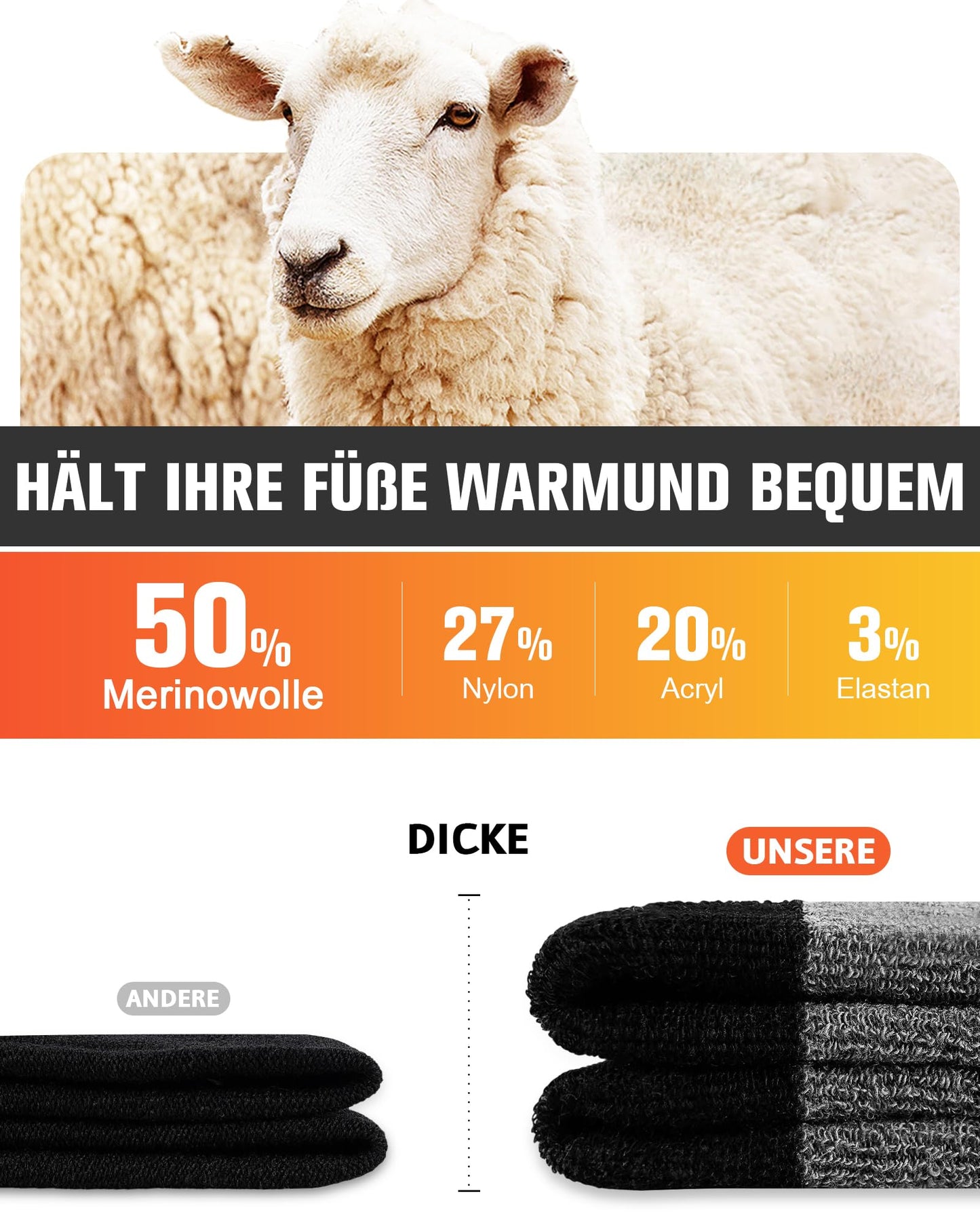 SockWaddles Merino Wandersocken Damen & Herren, 3 Paar, gepolstert