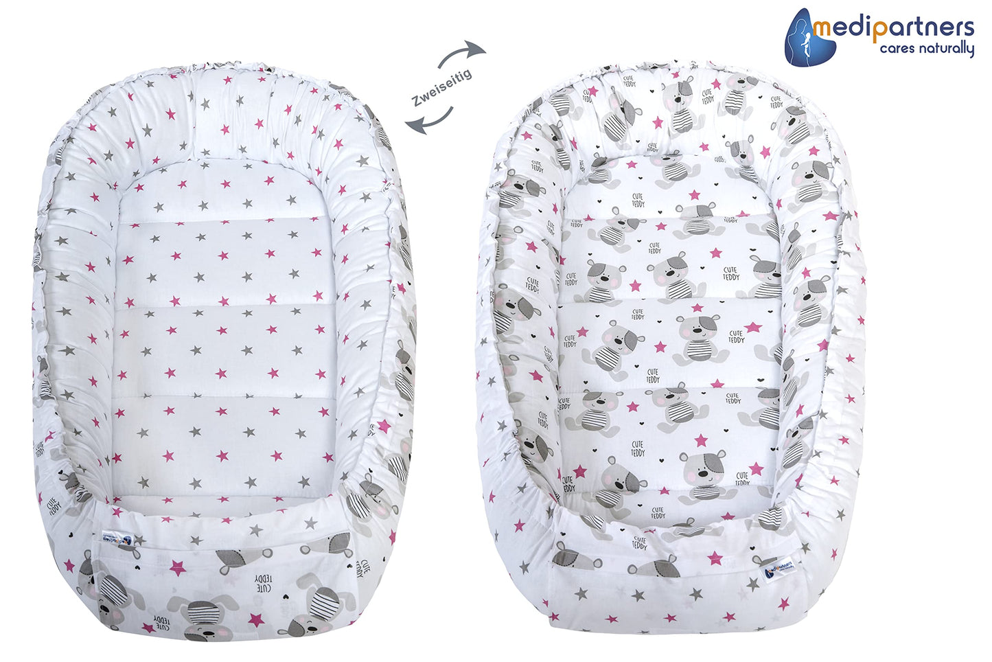Medi Partners Babynest Nestchen Baby Set für Neugeborene - 100x60x15 Kuschelnest 5 teilig tragbar Nest zweiseitig Babynestchen Bett 100% Baumwolle (Lichtung mit grauem Minky)