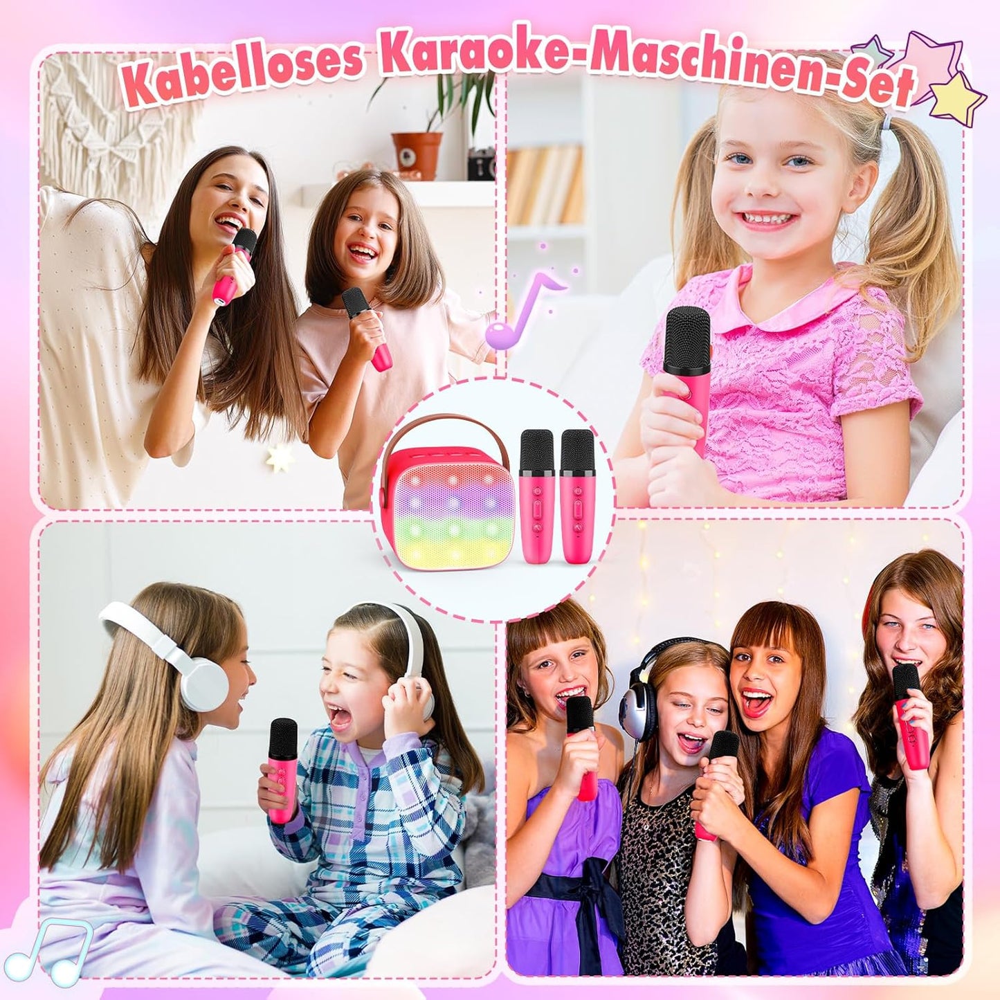 Karaoke Machine with 2 Bluetooth Microphones, Children's Unicorn Christmas Gifts Toy for Girls 3-12 Years, Portable Karaoke Microphone Set with DSP and LED Lights
