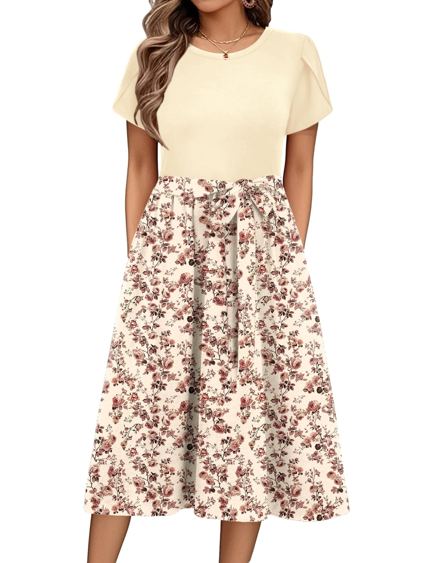 ZEAGOO Sommerkleid Damen Elegant Kleider Kurzarm Rundhals Midikleid A-Linie Blumenkleid Casual Tunika Kleid Hohe Taille Strandkleid mit Taschen S-XXL