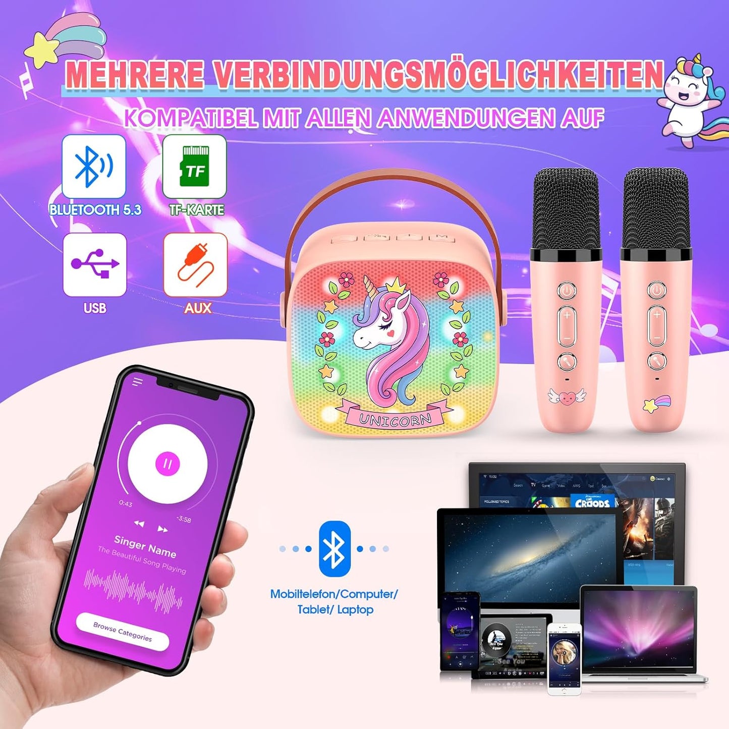 Karaoke Machine with 2 Bluetooth Microphones, Children's Unicorn Christmas Gifts Toy for Girls 3-12 Years, Portable Karaoke Microphone Set with DSP and LED Lights