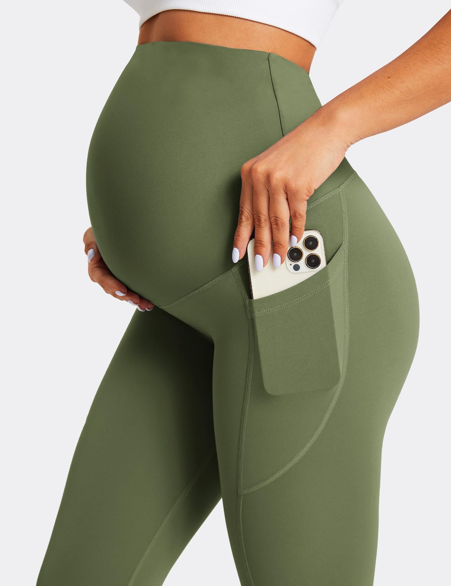 BAYDI Damen Umstandsleggings mit Taschen Blickdichte Lange Schwangerschaftsleggings High Waist Umstandshose Damen Weich elastisch Schwangerschaftshose