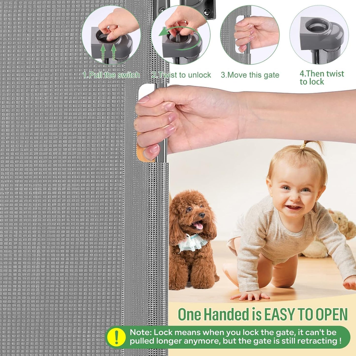 Retractable Stair Safety Gate for Babies, 0-150 cm Wide, Baby Barrier, Cat and Dog Barrier, One-Handed Operation, Suitable for Indoor & Outdoor Use (150 cm, Black)