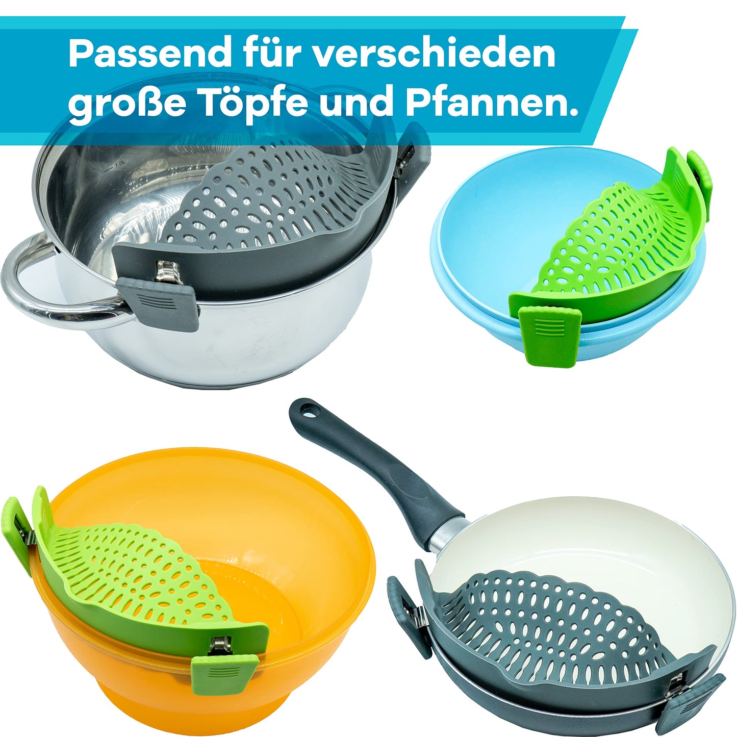 Netrox – Schnappsieb aus Silikon – Nudelsieb Aufsatz zum Einhängen in Topf, Pfanne & Schüssel – spülmaschinenfestes Küchensieb Sieb – Abtropfsieb als perfekte Abgießhilfe Abgiesshilfe für Nudeln Töpfe